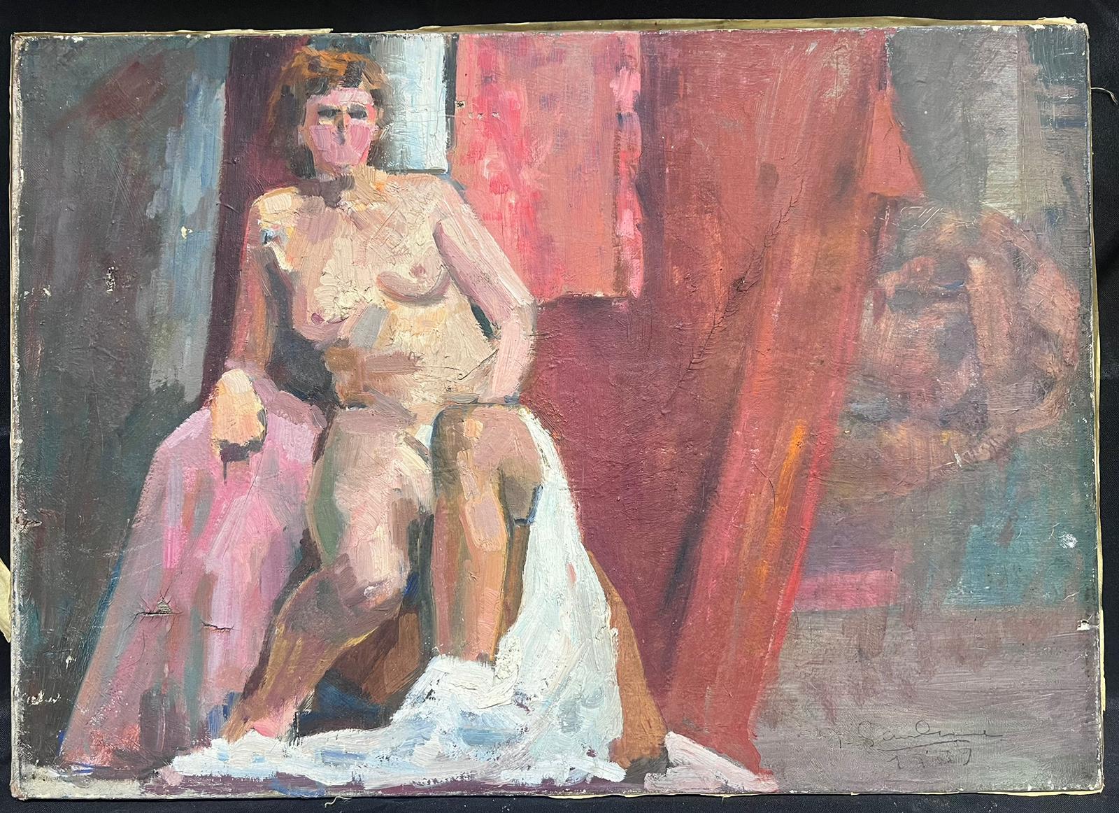1930's French Post Impressionist Signed Oil Nude Lady in Interior Setting - Painting by French School