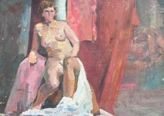 Huile post-impressionniste française des années 1930 signée Femme nue dans un décor d'intérieur