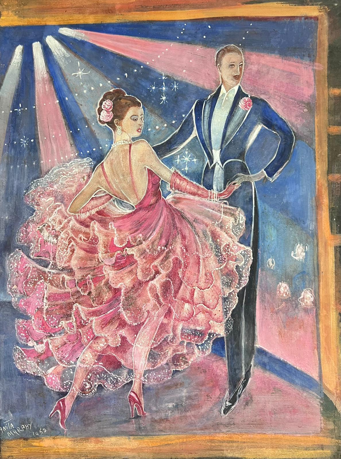Portrait Painting di French School - Ritratto a olio firmato di Danièle Darrieux, elegante ballerina di sala da ballo, Francia, 1930