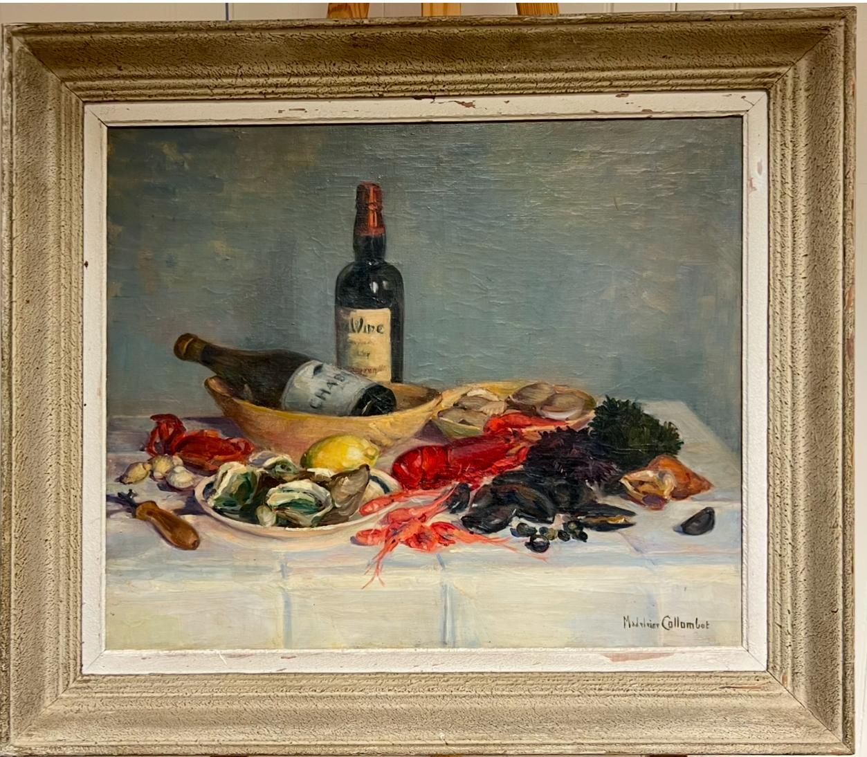 Nature morte à l'huile signée des années 1930 - Souper de poisson et bouteille de vin - Plateau de table en vente 6