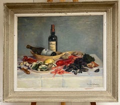 1930's French Signed Oil Still Life Fish Supper & Bottle of Wine Table Top