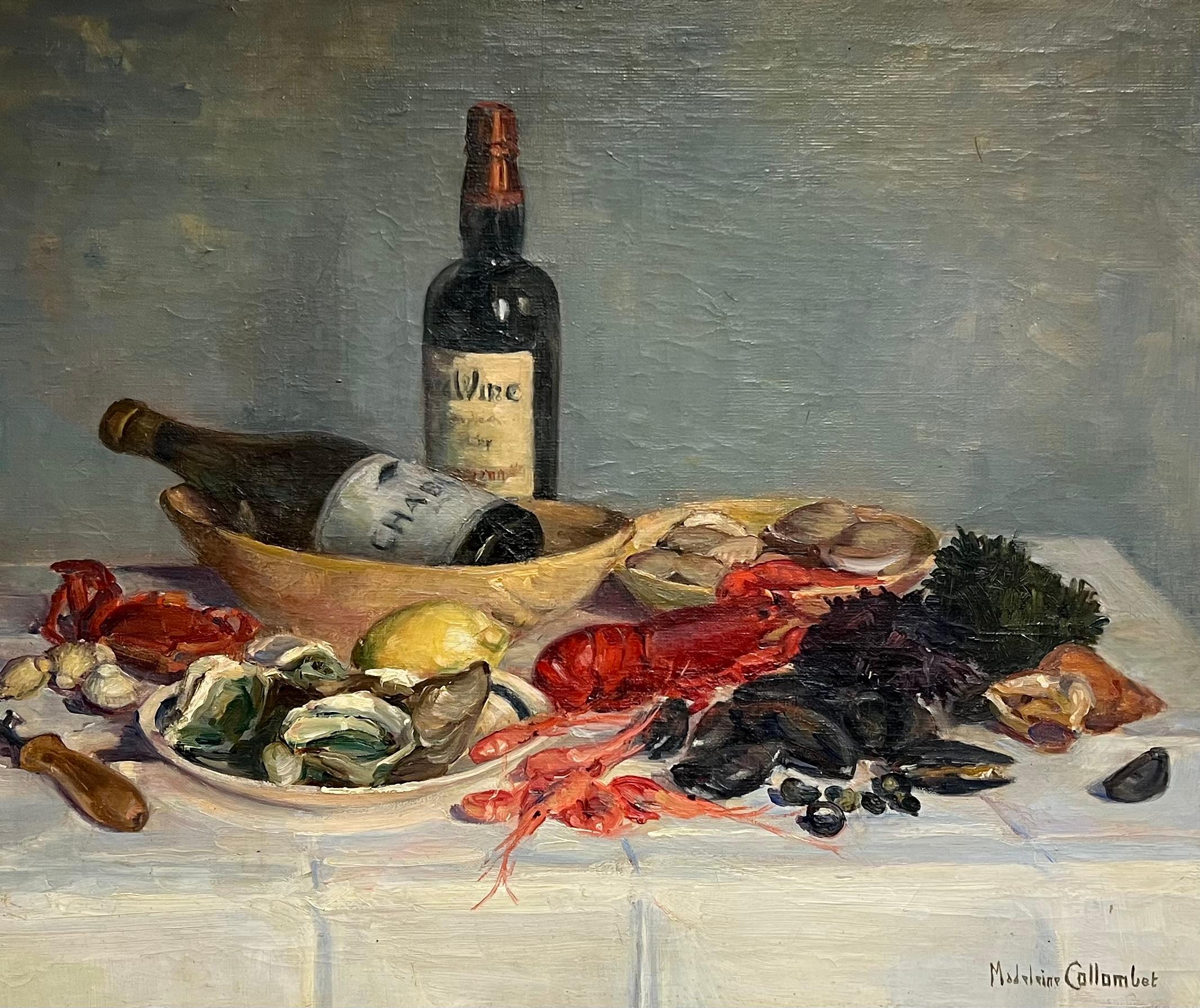Nature morte à l'huile signée des années 1930 - Souper de poisson et bouteille de vin - Plateau de table - Post-impressionnisme Painting par French School