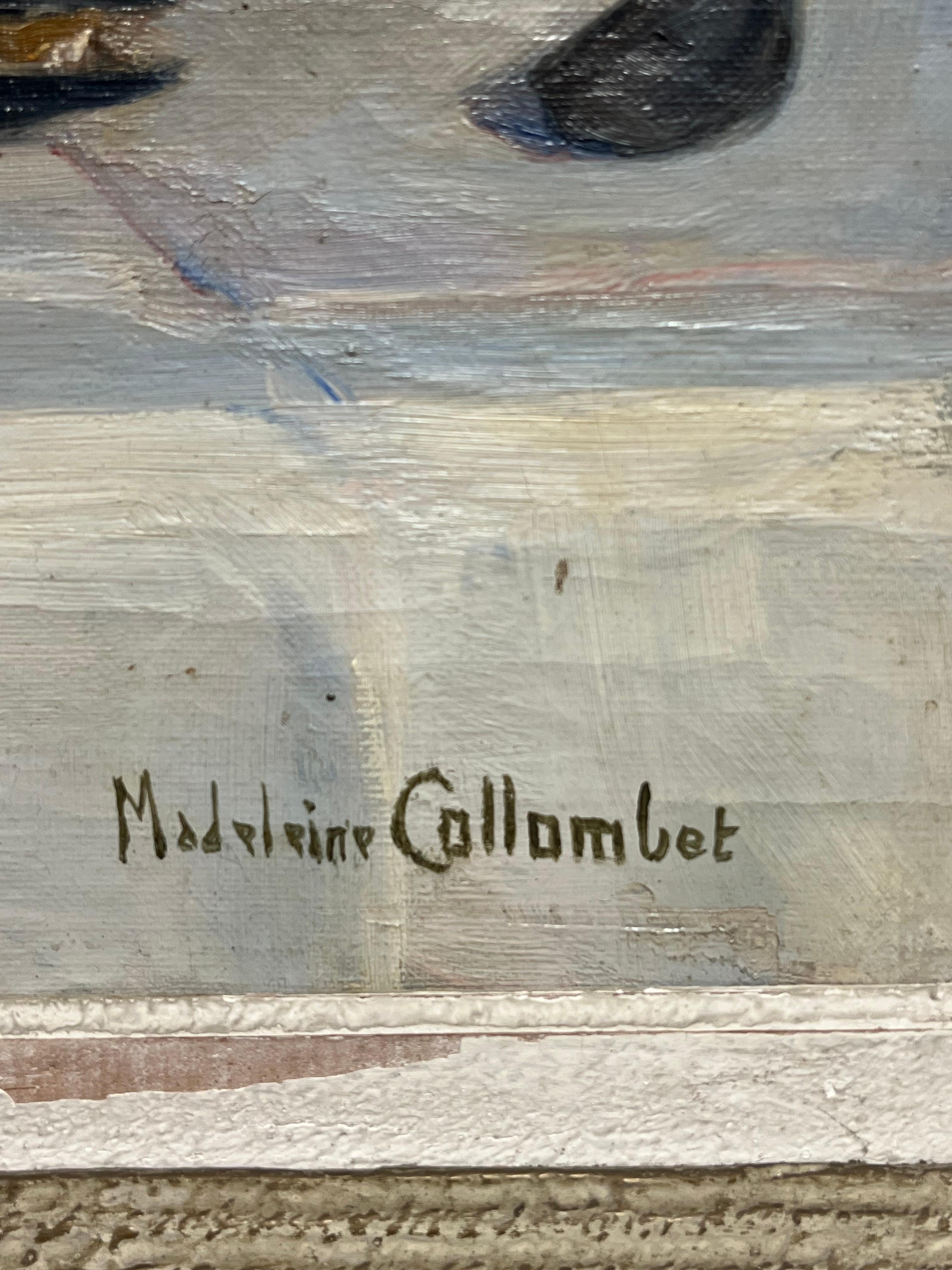 Nature morte à l'huile signée des années 1930 - Souper de poisson et bouteille de vin - Plateau de table en vente 1