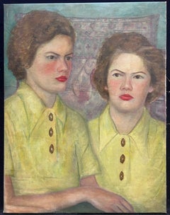 1930's Large French Oil Painting Twin Sisters in Yellow Blouses in Interior