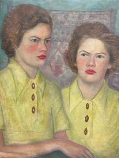 Antique 1930's Large French Oil Painting Twin Sisters in Yellow Blouses in Interior