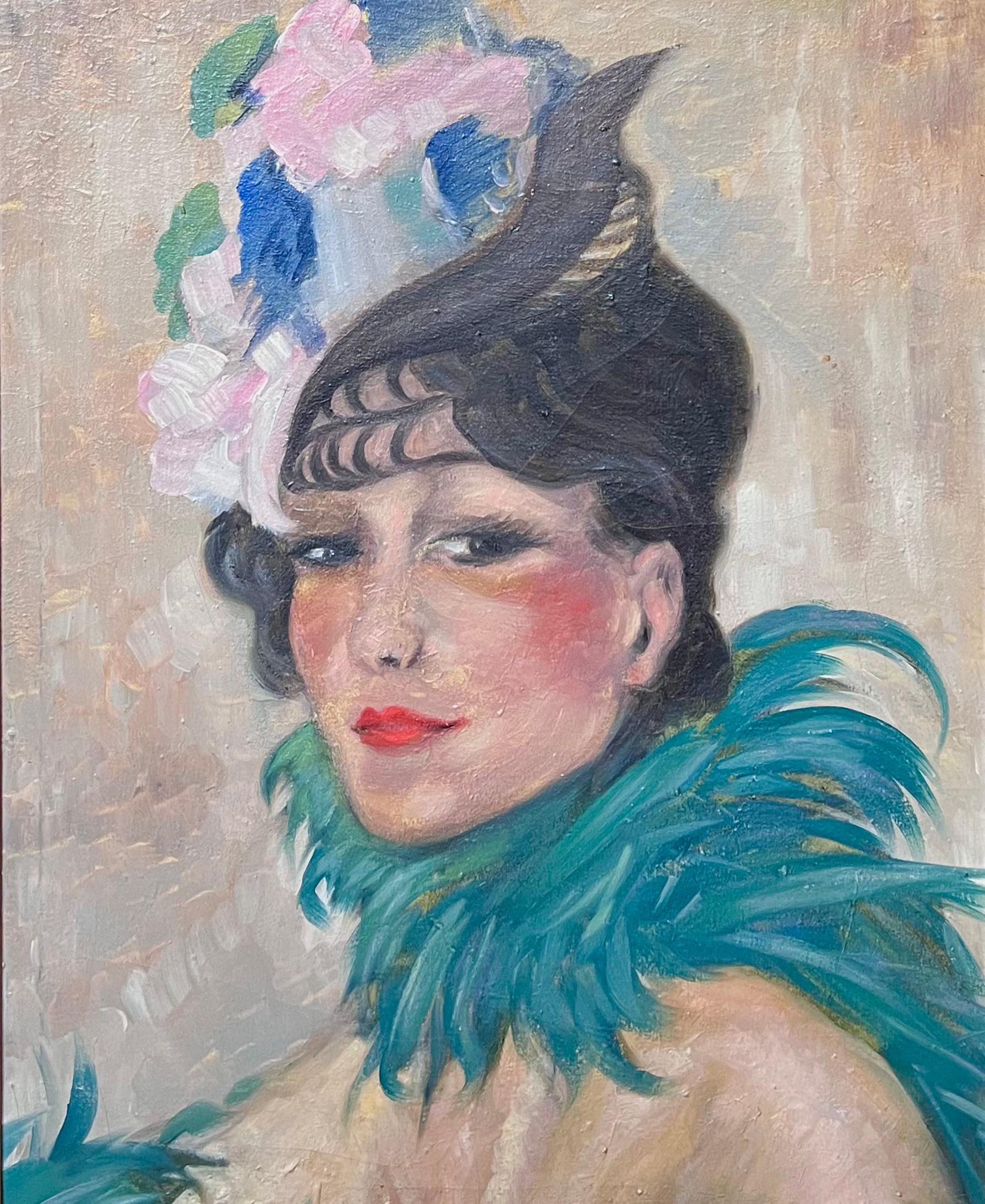 Pintura al óleo de la escuela parisina de 1930 Retrato de dama a la moda de la Belle Epoque - Painting de French School