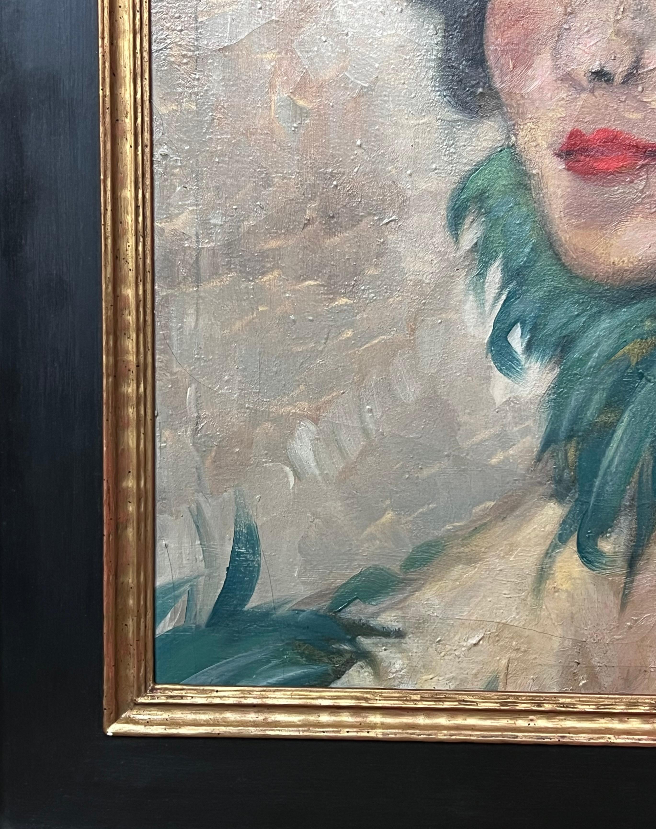 Pintura al óleo de la escuela parisina de 1930 Retrato de dama a la moda de la Belle Epoque en venta 1