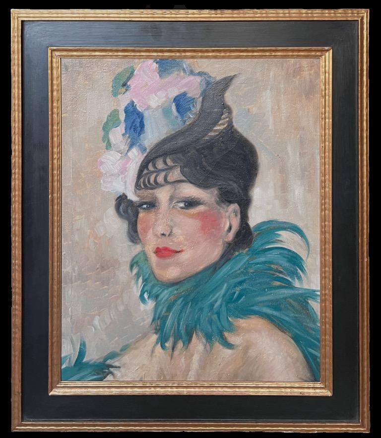 Portrait Painting de French School - Pintura al óleo de la escuela parisina de 1930 Retrato de dama a la moda de la Belle Epoque
