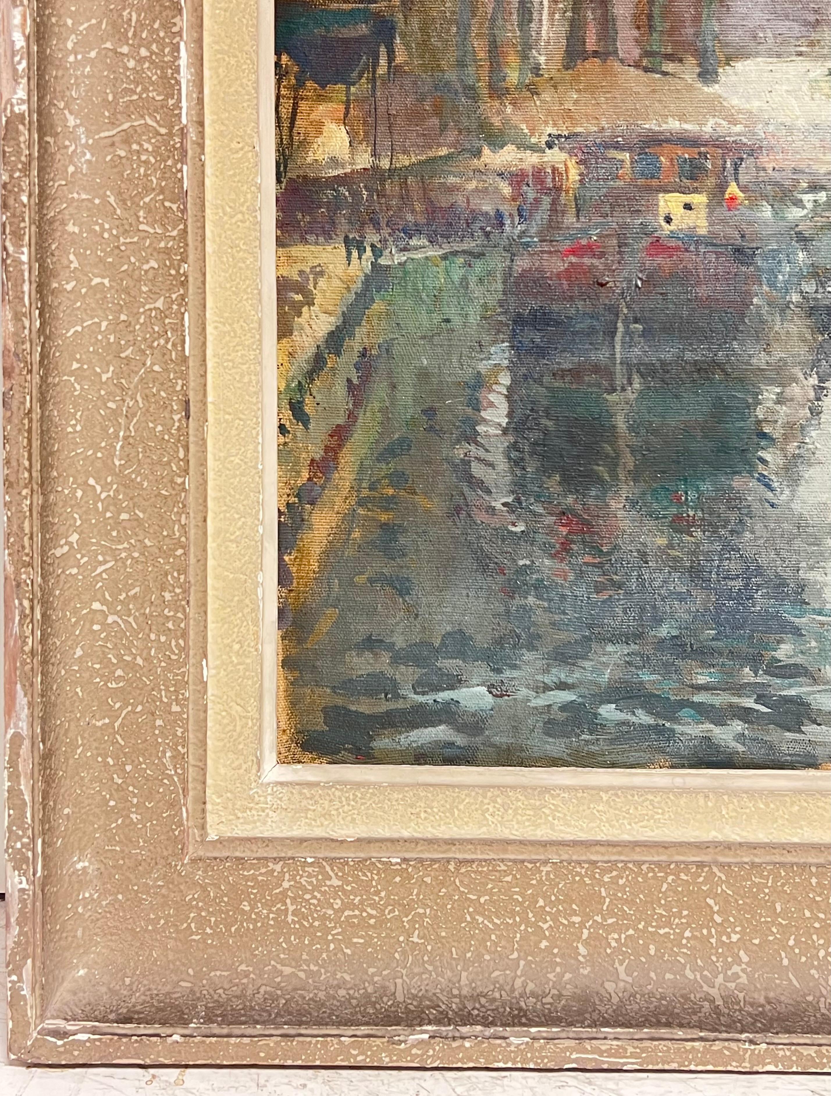 1940's French Impressionist Signed Oil Atmospheric Moody River Scene & Boats im Angebot 5
