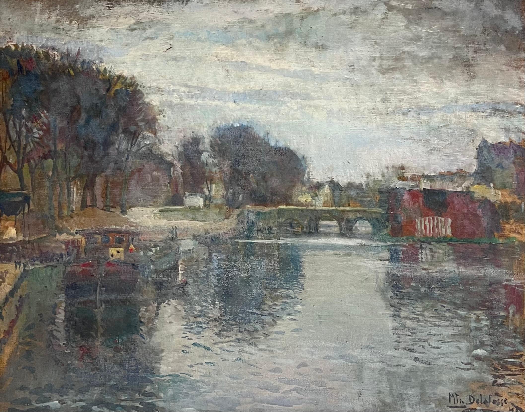 1940's French Impressionist Signed Oil Atmospheric Moody River Scene & Boats – Painting von French School