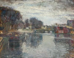 1940's French Impressionist Signed Oil Atmospheric Moody River Scene & Boats