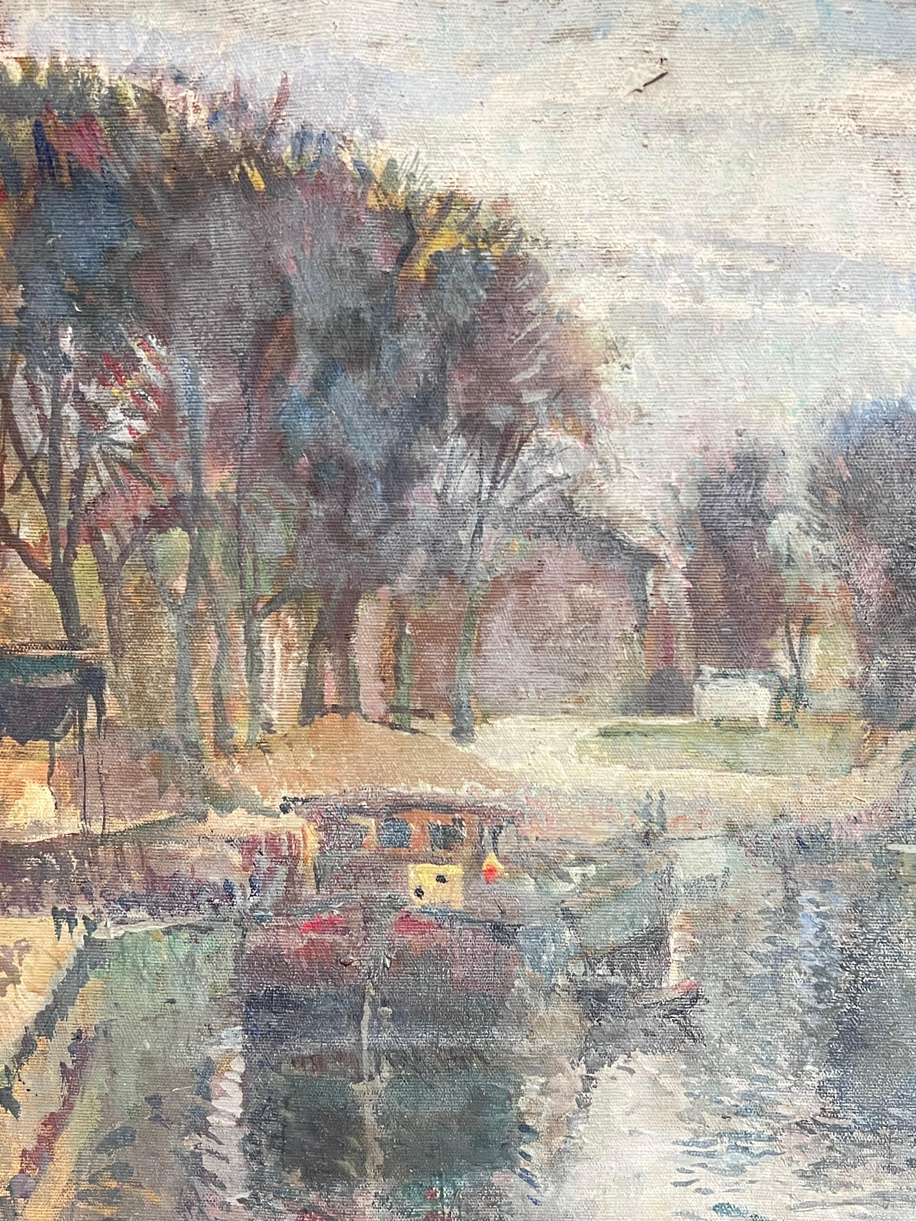 1940's French Impressionist Signed Oil Atmospheric Moody River Scene & Boats (Post-Impressionismus), Painting, von French School