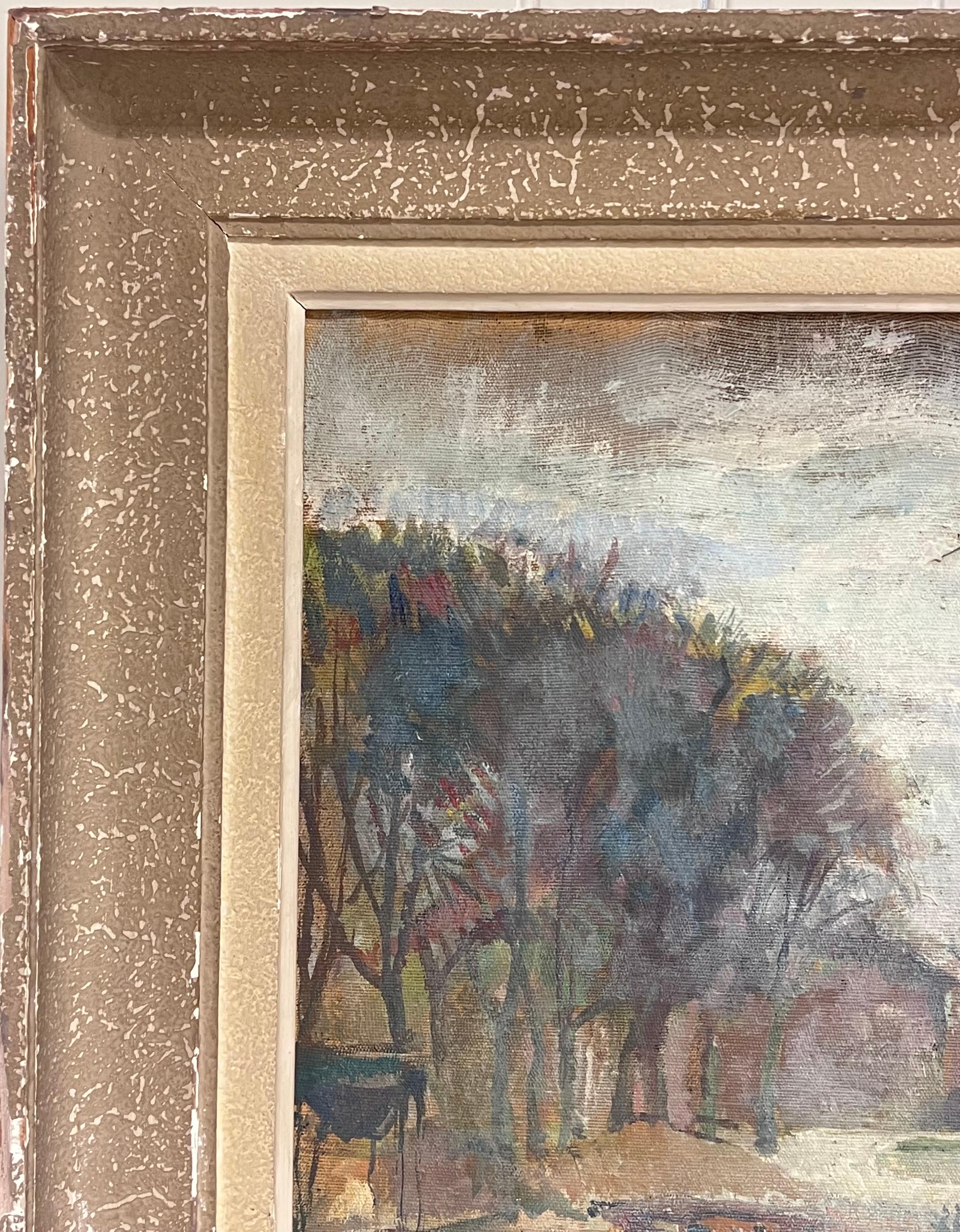 1940's French Impressionist Signed Oil Atmospheric Moody River Scene & Boats (Braun), Landscape Painting, von French School