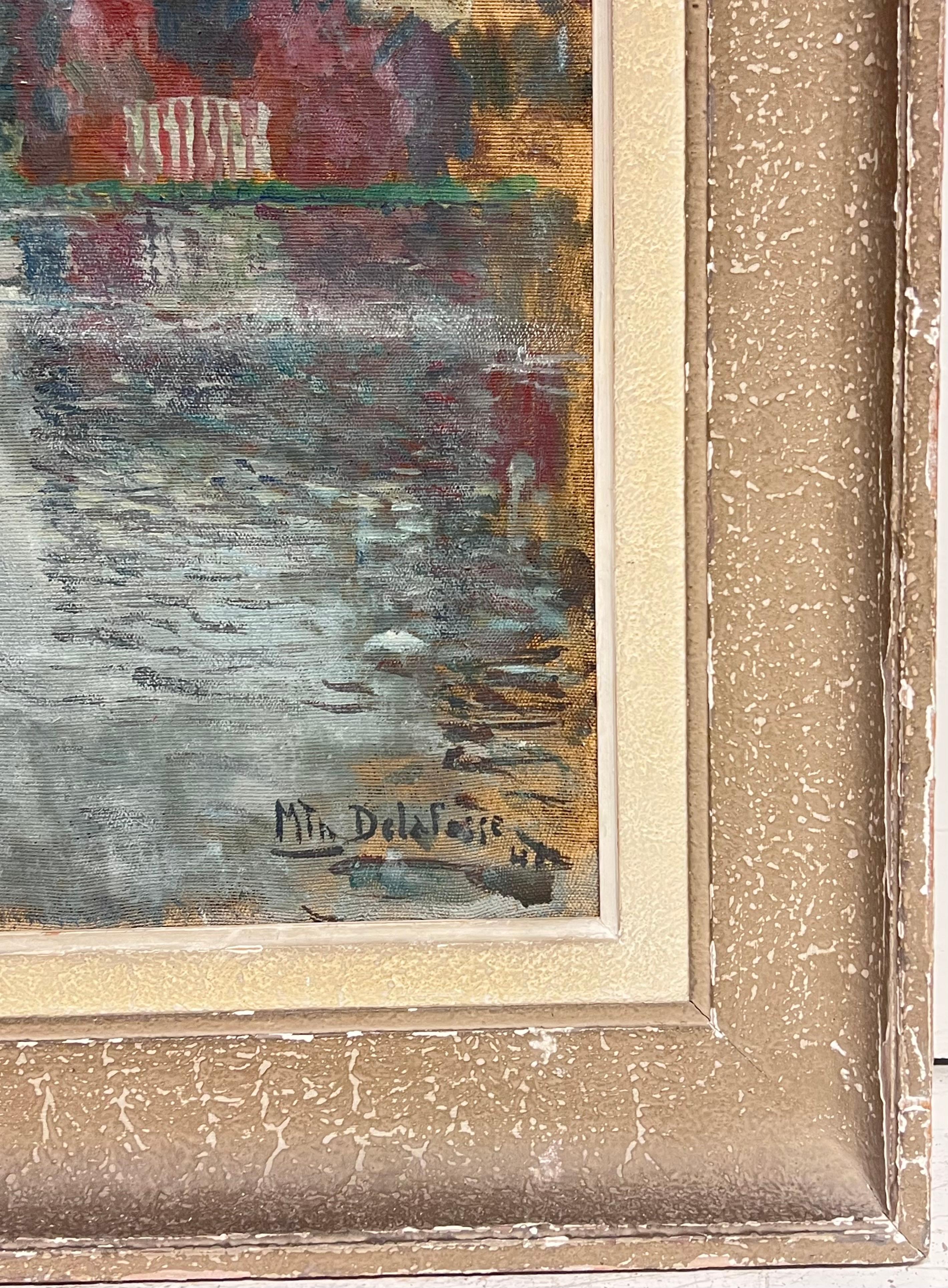 1940's French Impressionist Signed Oil Atmospheric Moody River Scene & Boats im Angebot 1