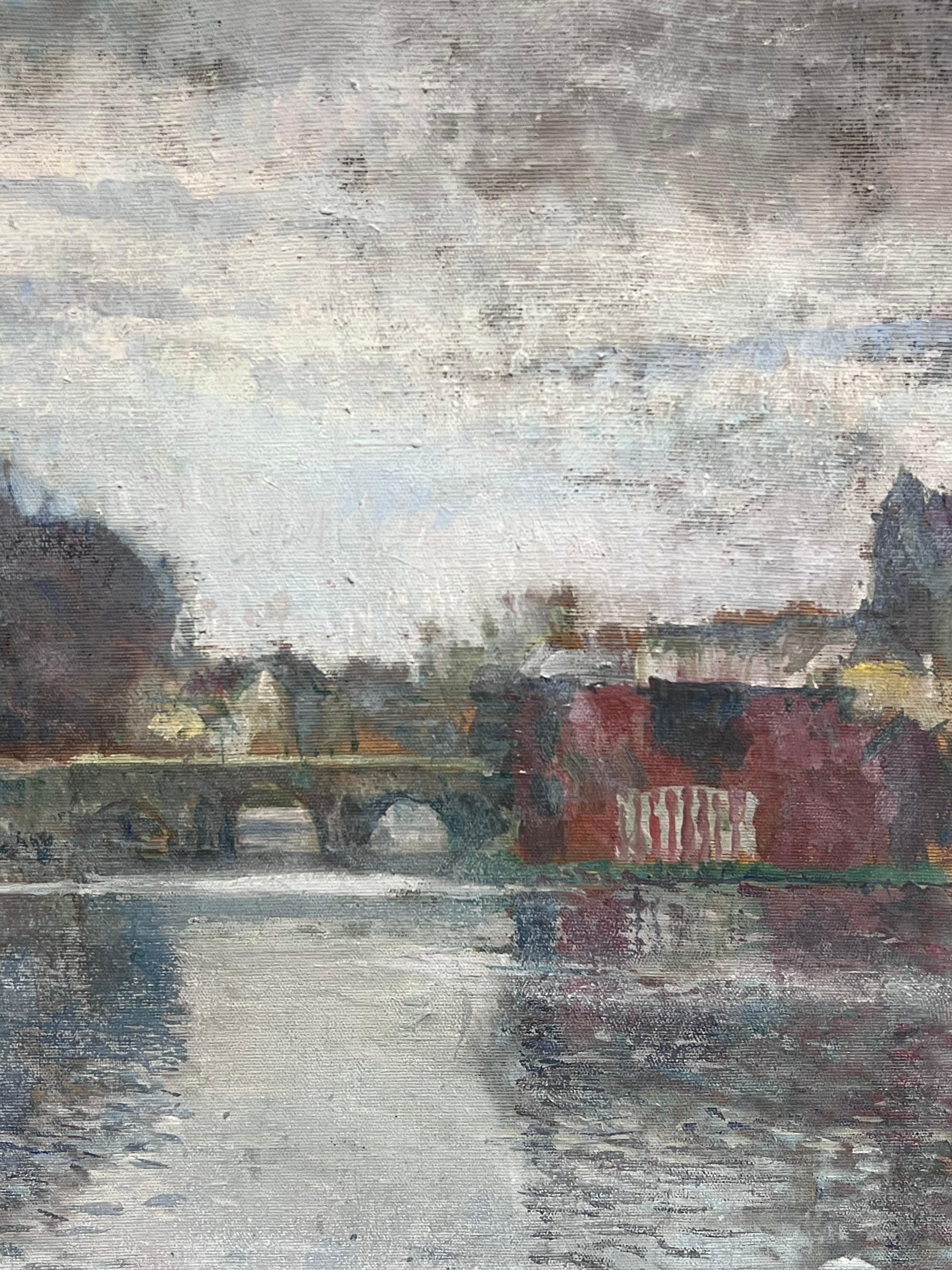 1940's French Impressionist Signed Oil Atmospheric Moody River Scene & Boats im Angebot 2