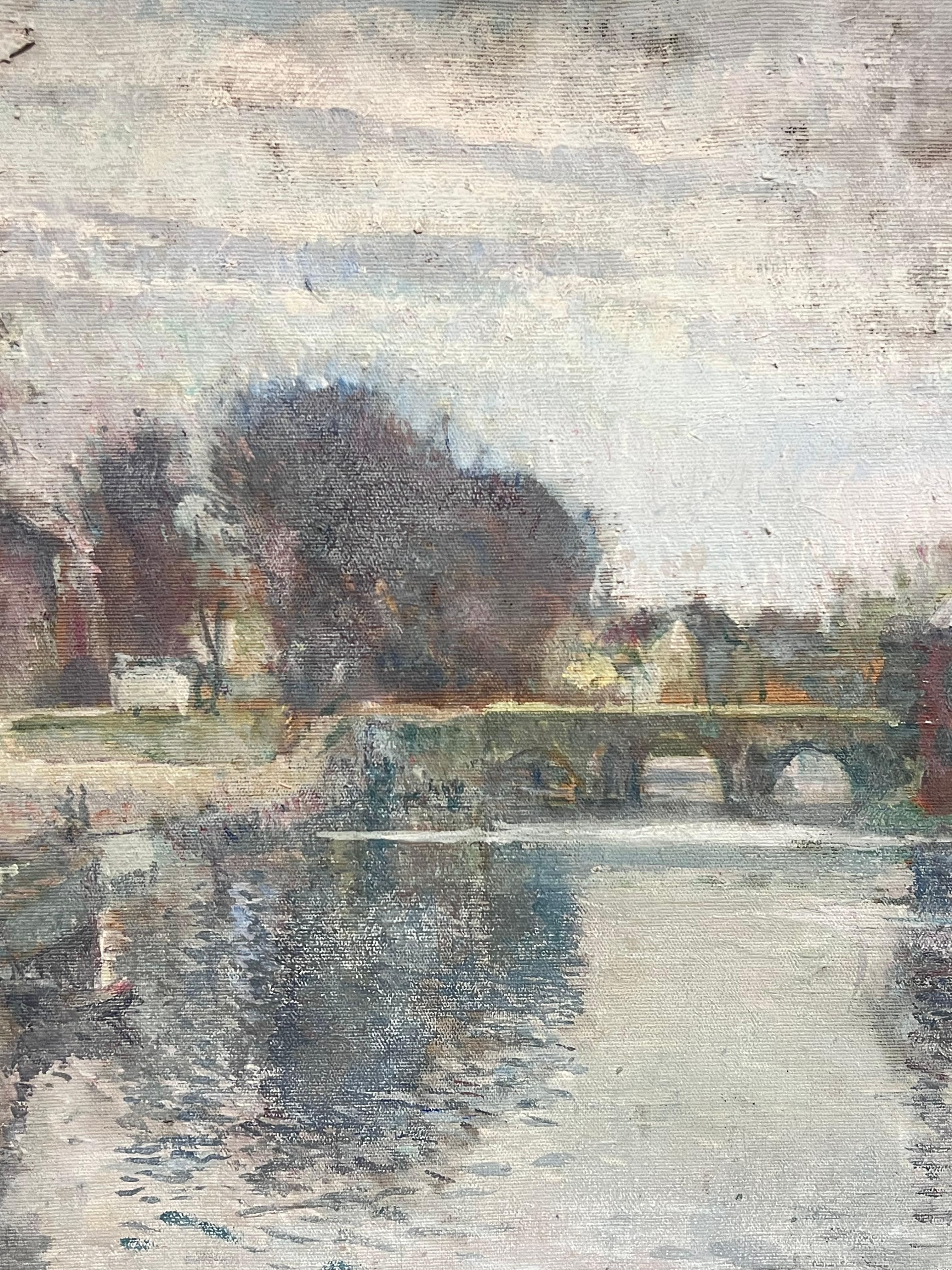 1940's French Impressionist Signed Oil Atmospheric Moody River Scene & Boats im Angebot 4