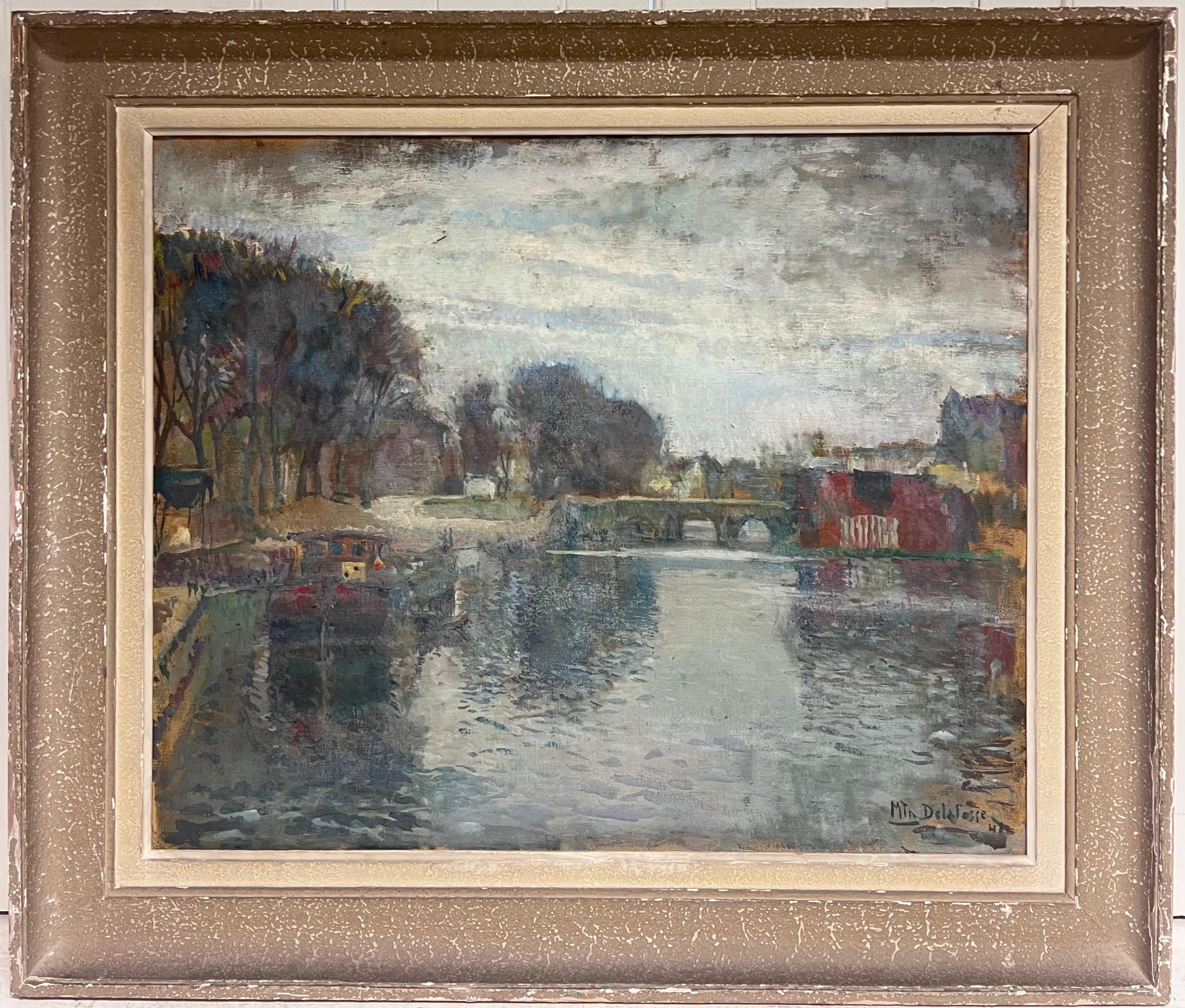 French School Landscape Painting – 1940's French Impressionist Signed Oil Atmospheric Moody River Scene & Boats
