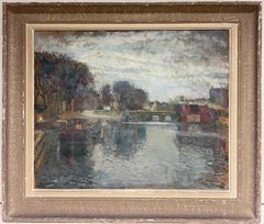 1940's French Impressionist Signed Oil Atmospheric Moody River Scene & Boats
