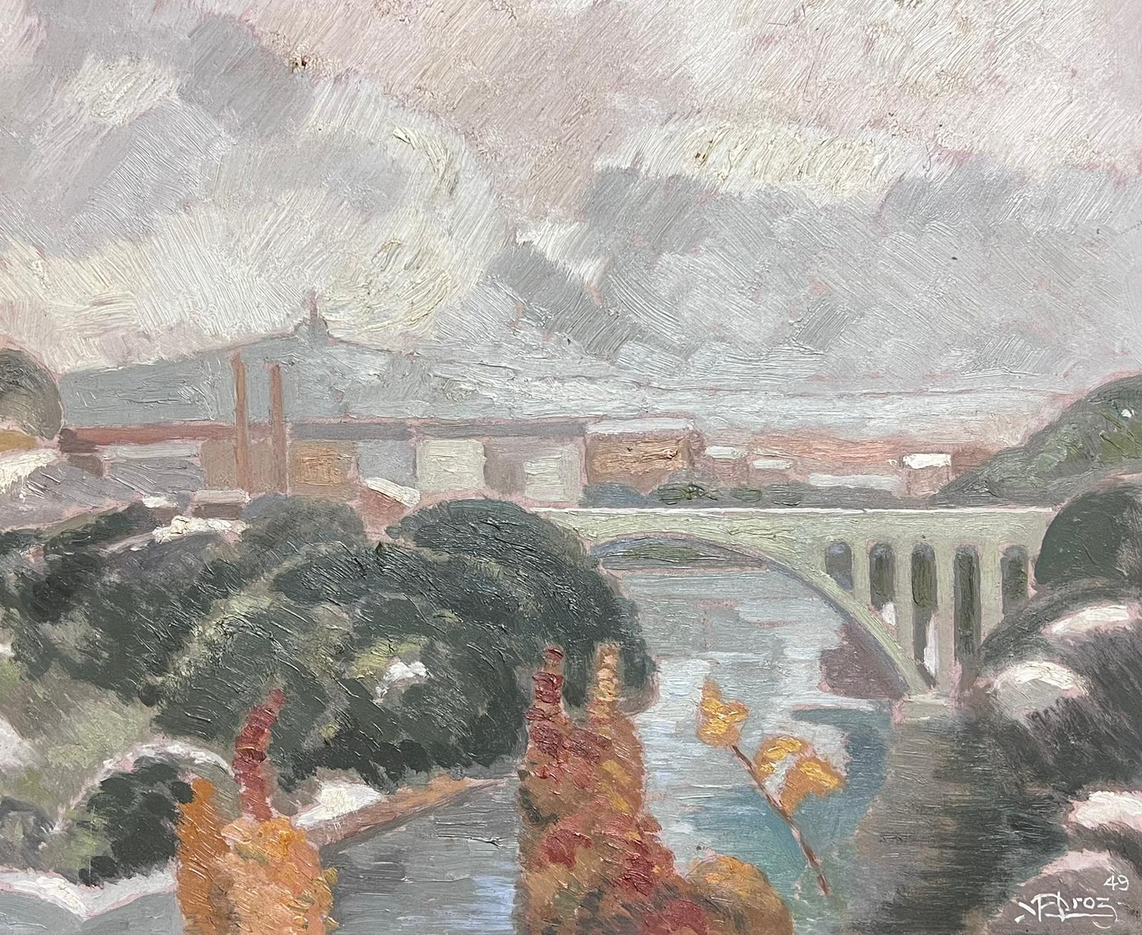 1940's Pintura al Óleo Impresionista Francesa Firmada Paisaje Ocupado con Puente - Painting de French School