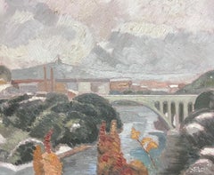 1940's French Impressionist Signed Oil Painting Busy Landscape with Bridge