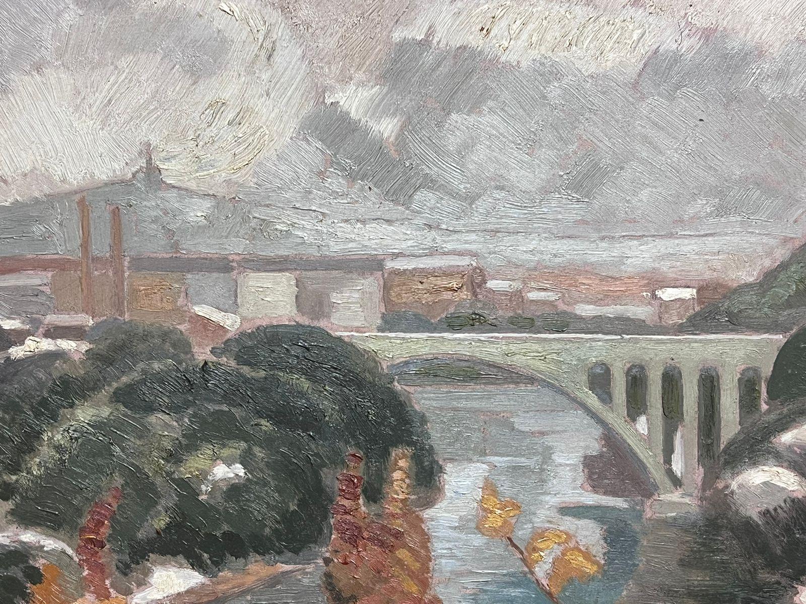 1940's Pintura al Óleo Impresionista Francesa Firmada Paisaje Ocupado con Puente en venta 2