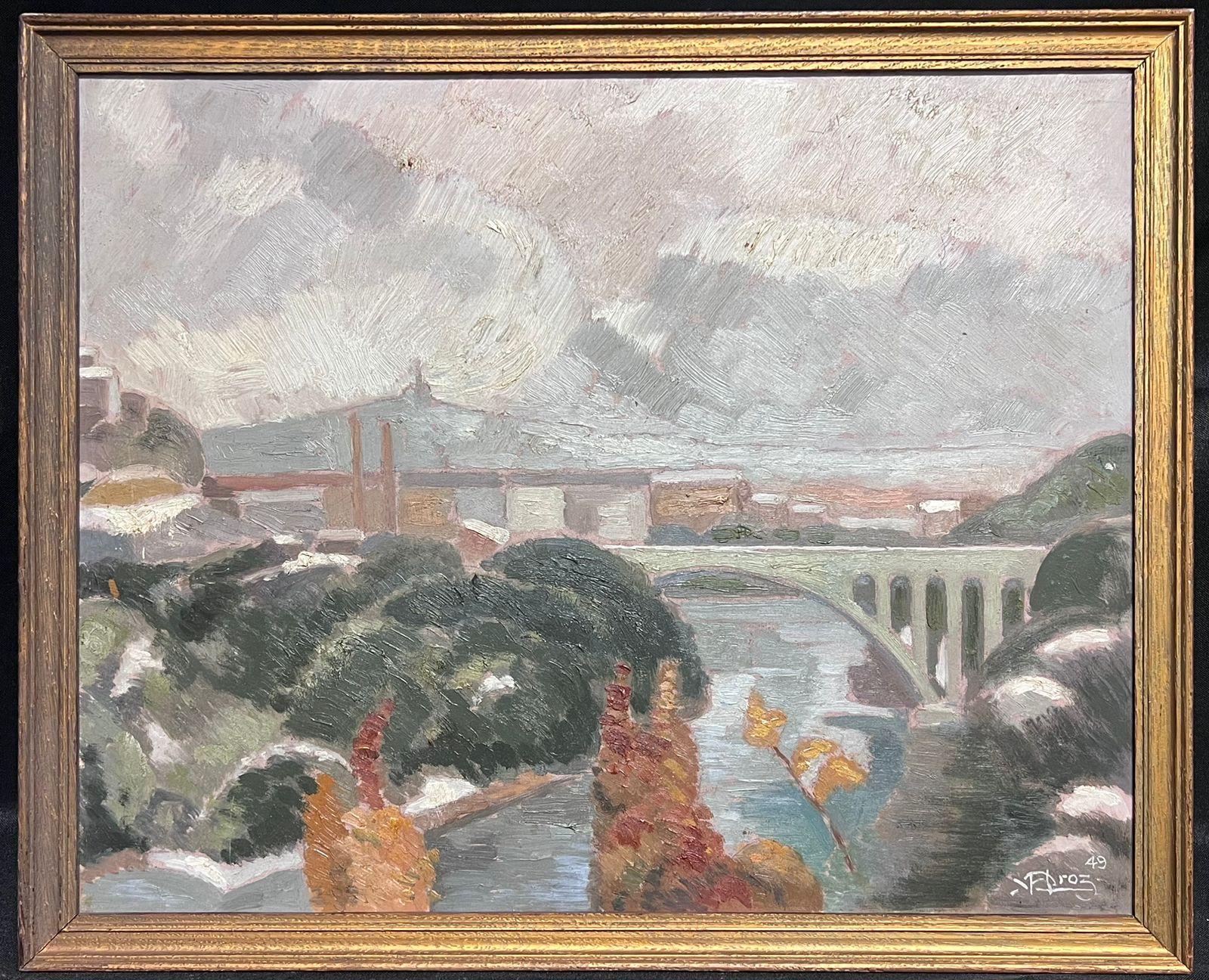Landscape Painting de French School - 1940's Pintura al Óleo Impresionista Francesa Firmada Paisaje Ocupado con Puente