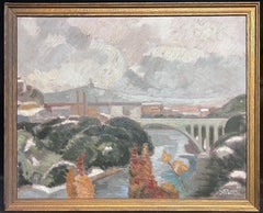1940's French Impressionist Signed Oil Painting Busy Landscape with Bridge