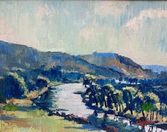 1940's French Impressionist Signed Oil Painting Winding River Lush Green Fields