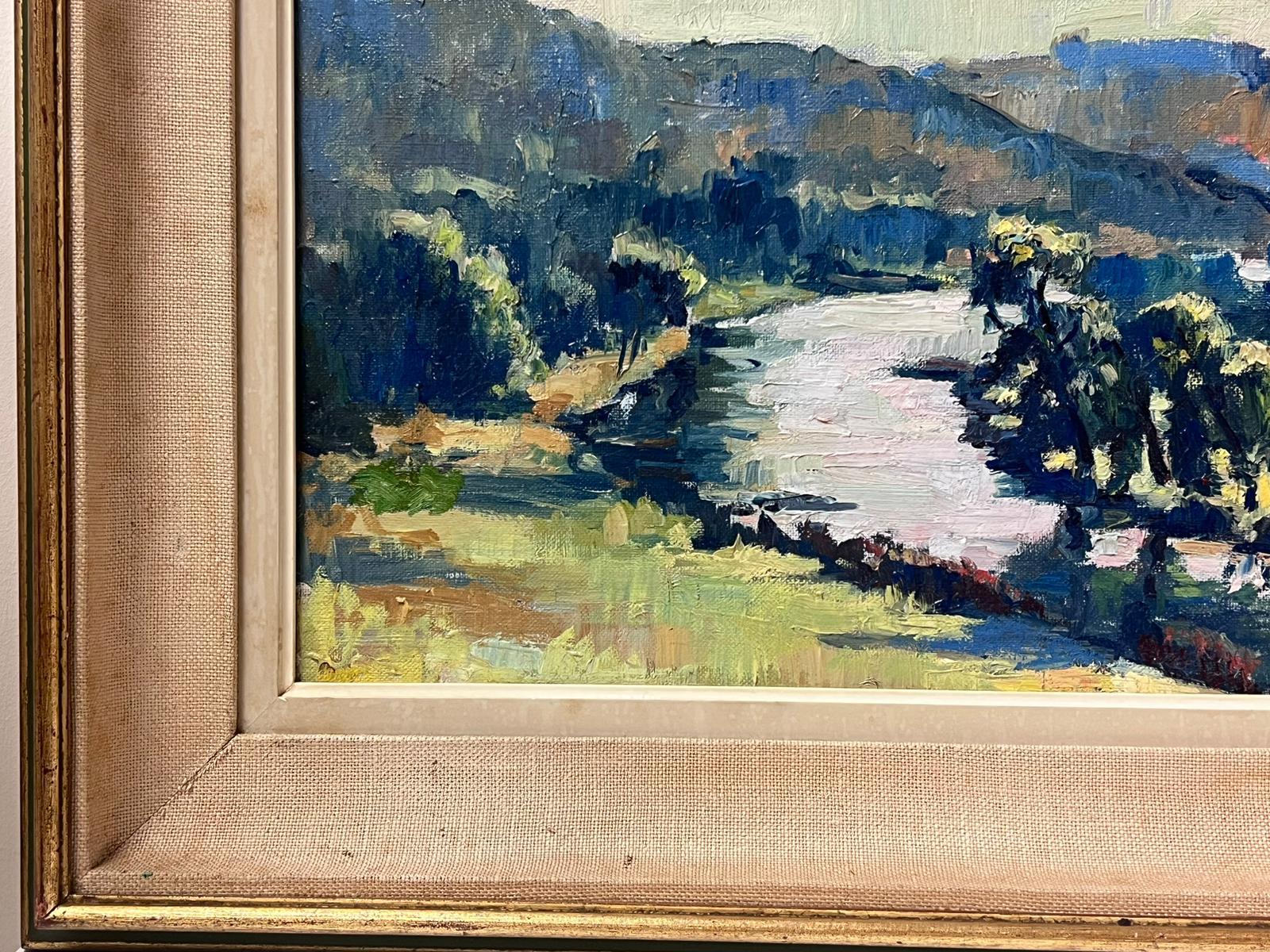 1940's French Impressionist Signed Oil Painting Winding River Lush Green Fields For Sale 1