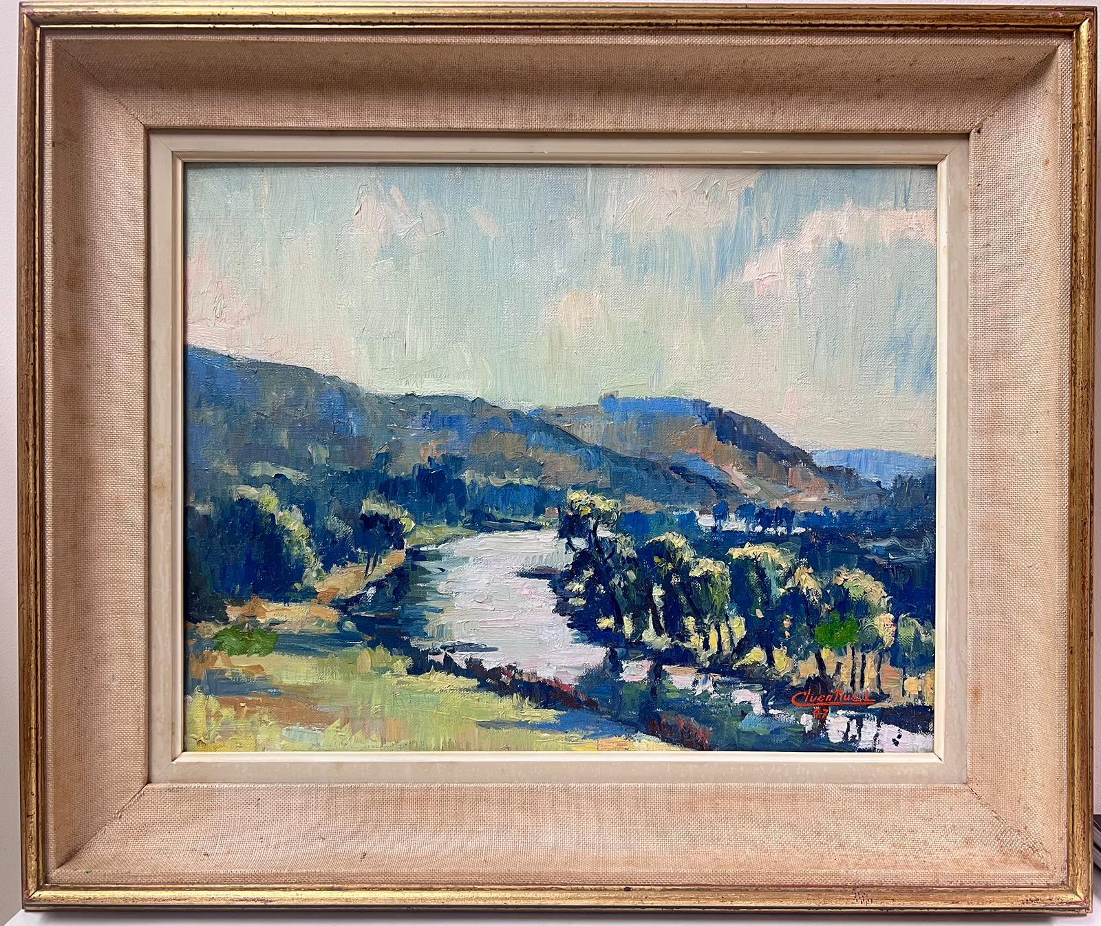 French School Landscape Painting - 1940's French Impressionist Signed Oil Painting Winding River Lush Green Fields