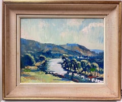 Französisches impressionistisches signiertes Ölgemälde, Winding River Lush Green Fields, 1940er Jahre