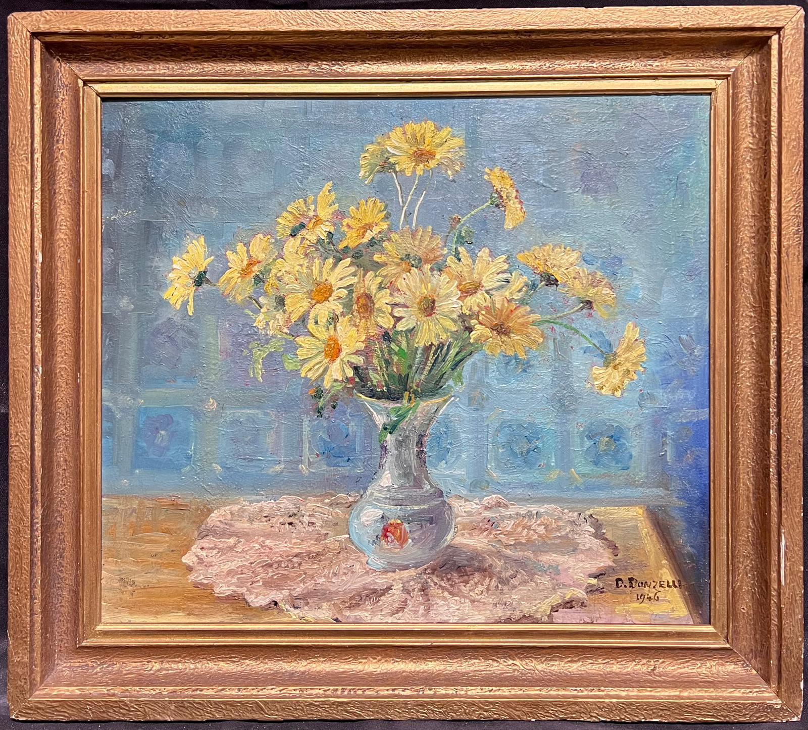 Impressionista francese degli anni '40 firmato Olio Bouquet di fiori gialli in vaso Natura morta - Painting di French School