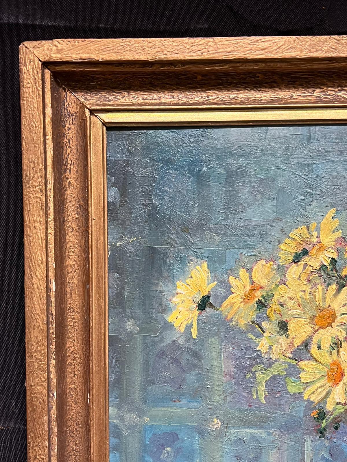 Impressionista francese degli anni '40 firmato Olio Bouquet di fiori gialli in vaso Natura morta - Painting Moderno di French School