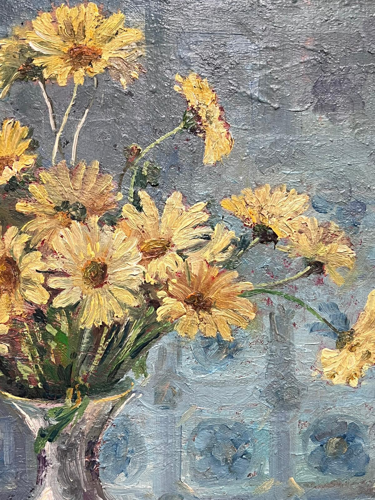 Impressionista francese degli anni '40 firmato Olio Bouquet di fiori gialli in vaso Natura morta 1