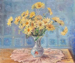 Impressionista francese degli anni '40 firmato Olio Bouquet di fiori gialli in vaso Natura morta