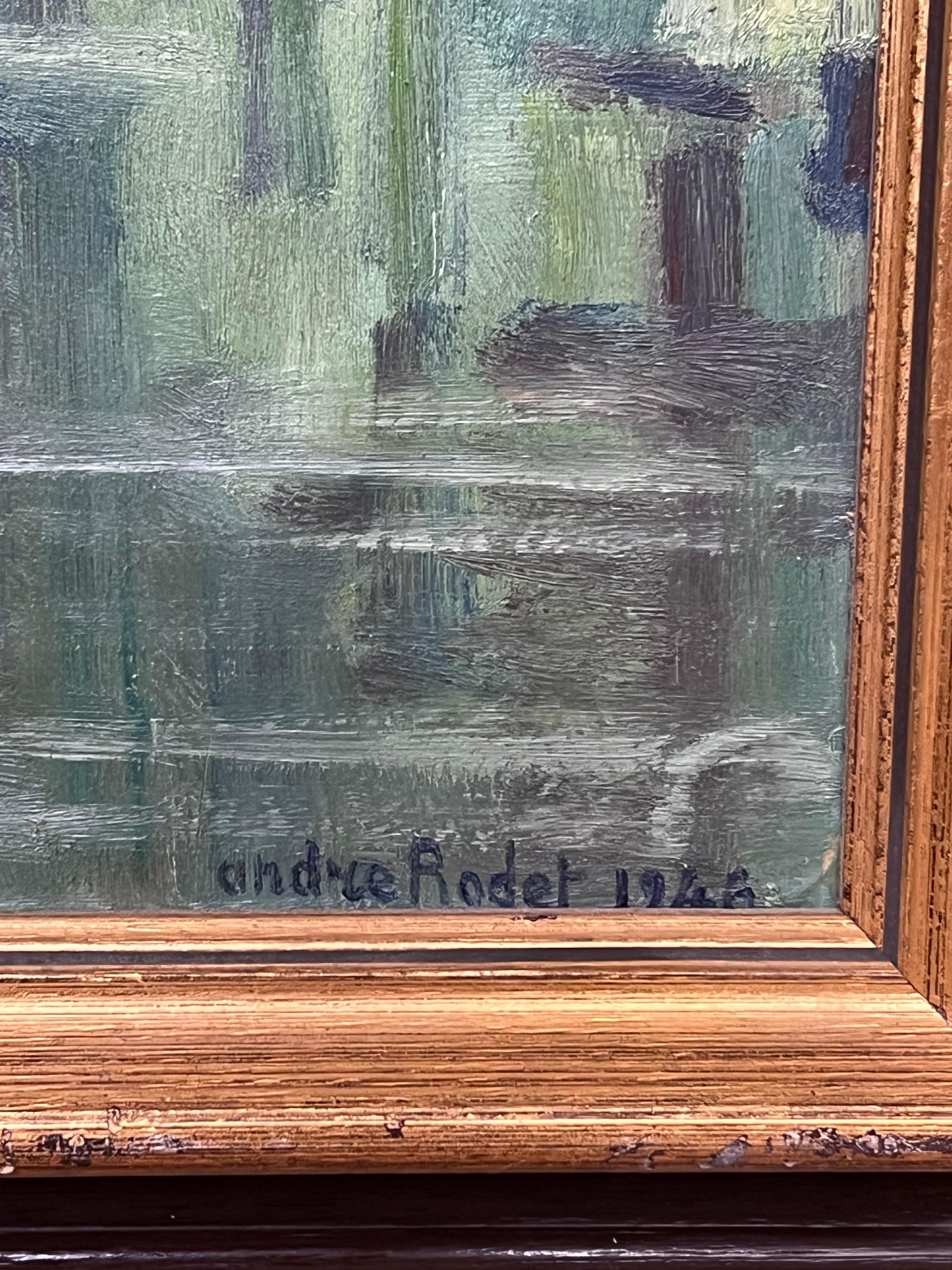 Peinture à l'huile moderniste française des années 1940, signée, paysage de rivière Moody vert luxuriant - Post-impressionnisme Painting par French School