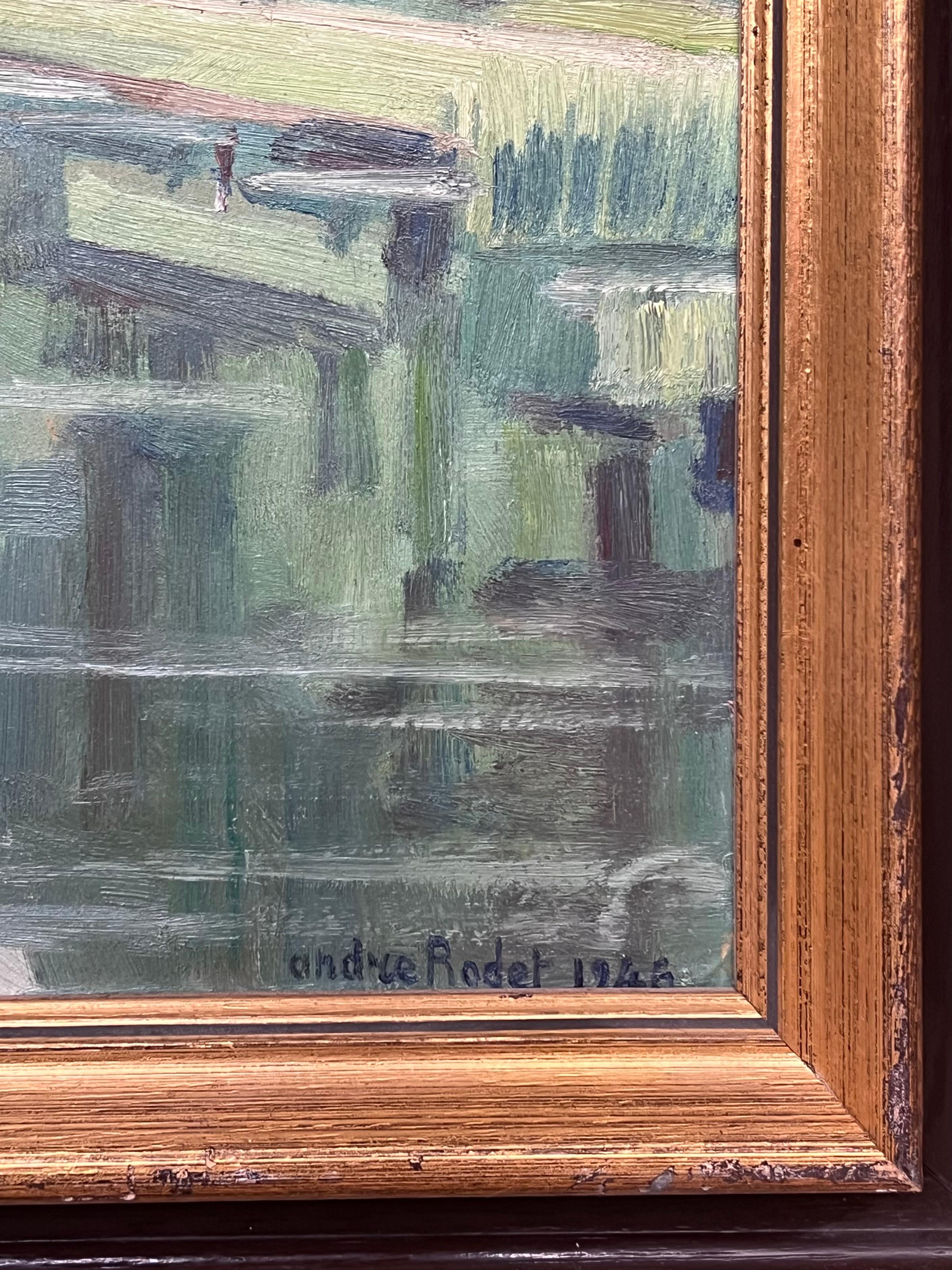 Peinture à l'huile moderniste française des années 1940, signée, paysage de rivière Moody vert luxuriant - Gris Figurative Painting par French School