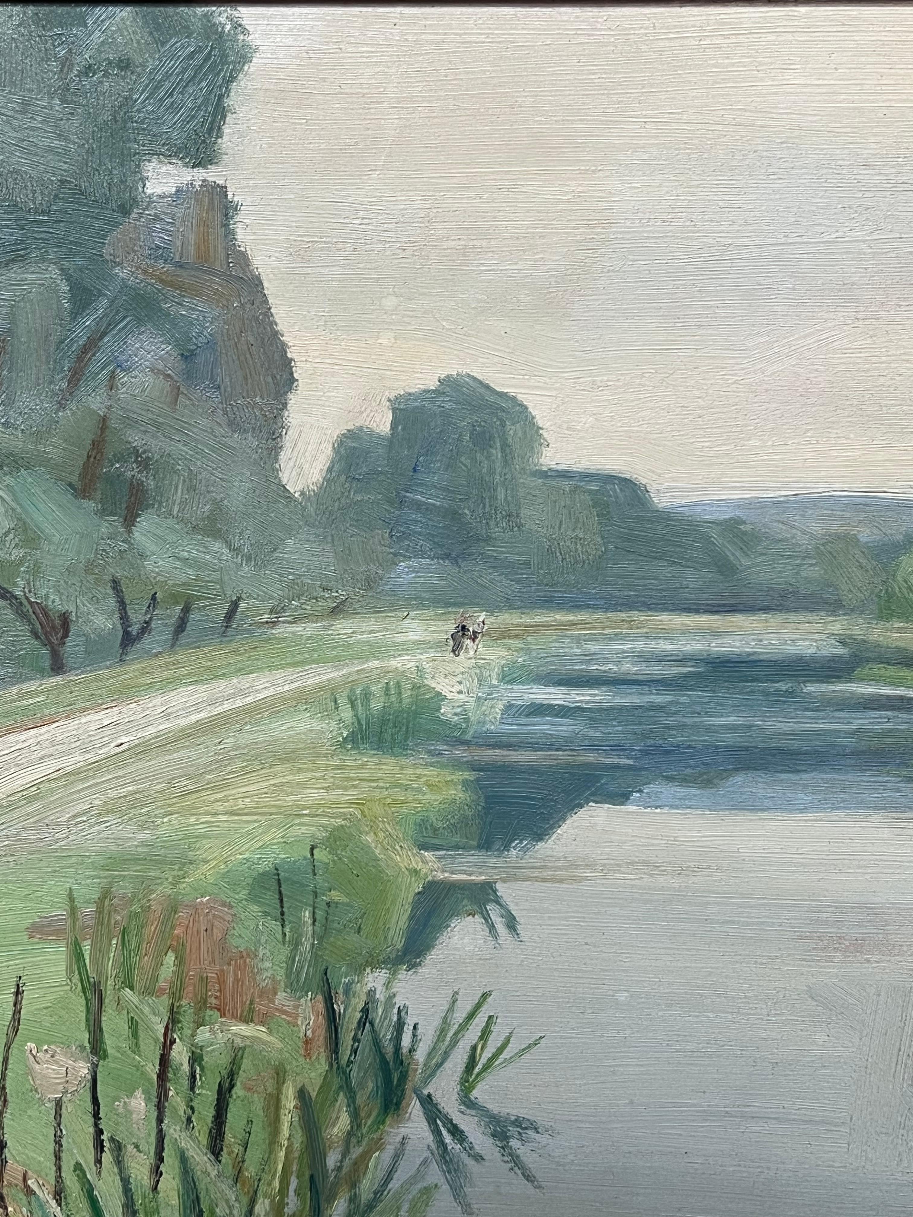 Peinture à l'huile moderniste française des années 1940, signée, paysage de rivière Moody vert luxuriant en vente 1