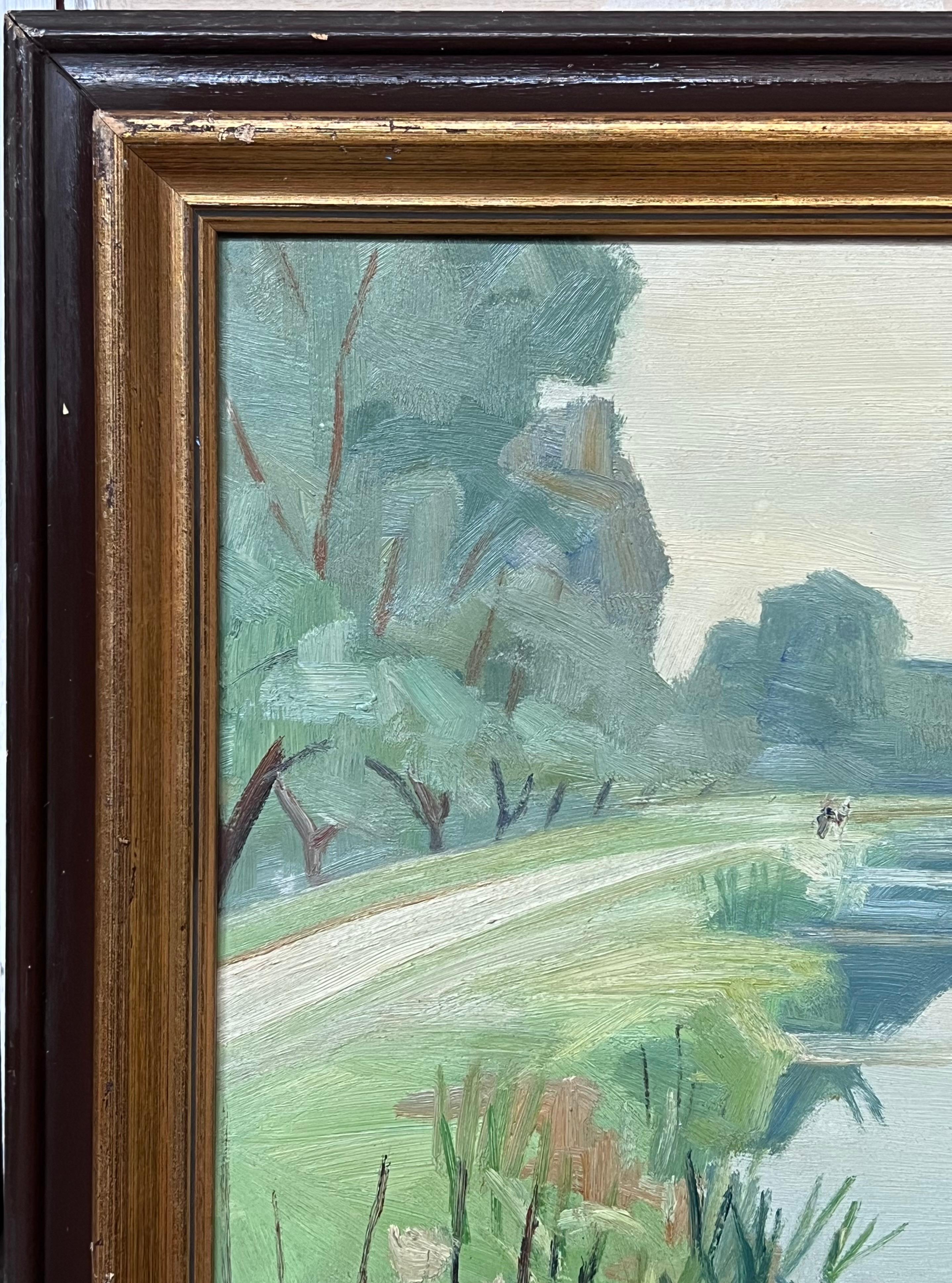 Peinture à l'huile moderniste française des années 1940, signée, paysage de rivière Moody vert luxuriant en vente 3
