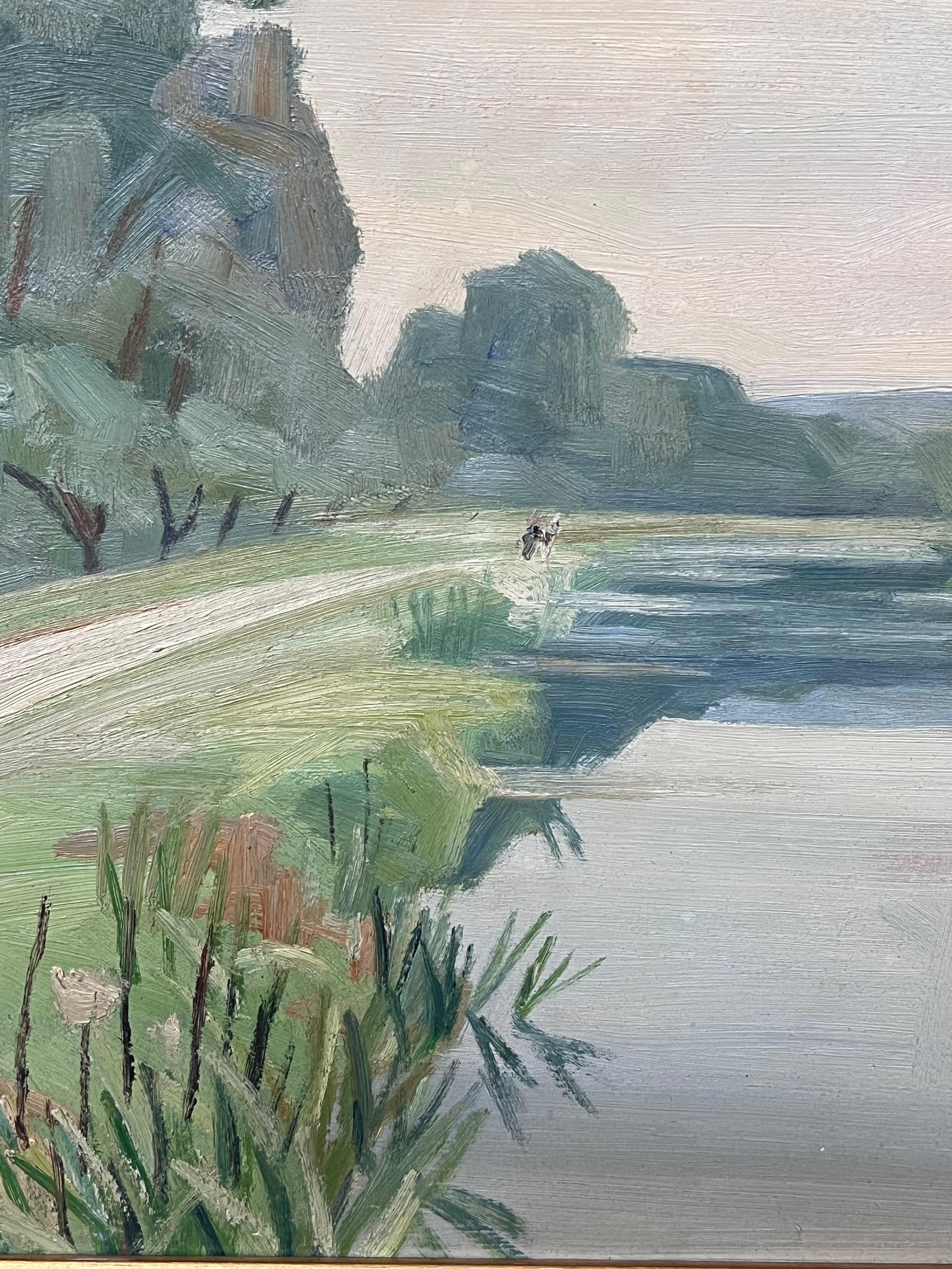Peinture à l'huile moderniste française des années 1940, signée, paysage de rivière Moody vert luxuriant en vente 4