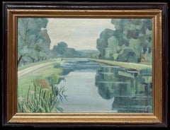 1940's French Modernist Signed Oil Painting Sludgy Green Moody River Landscape
