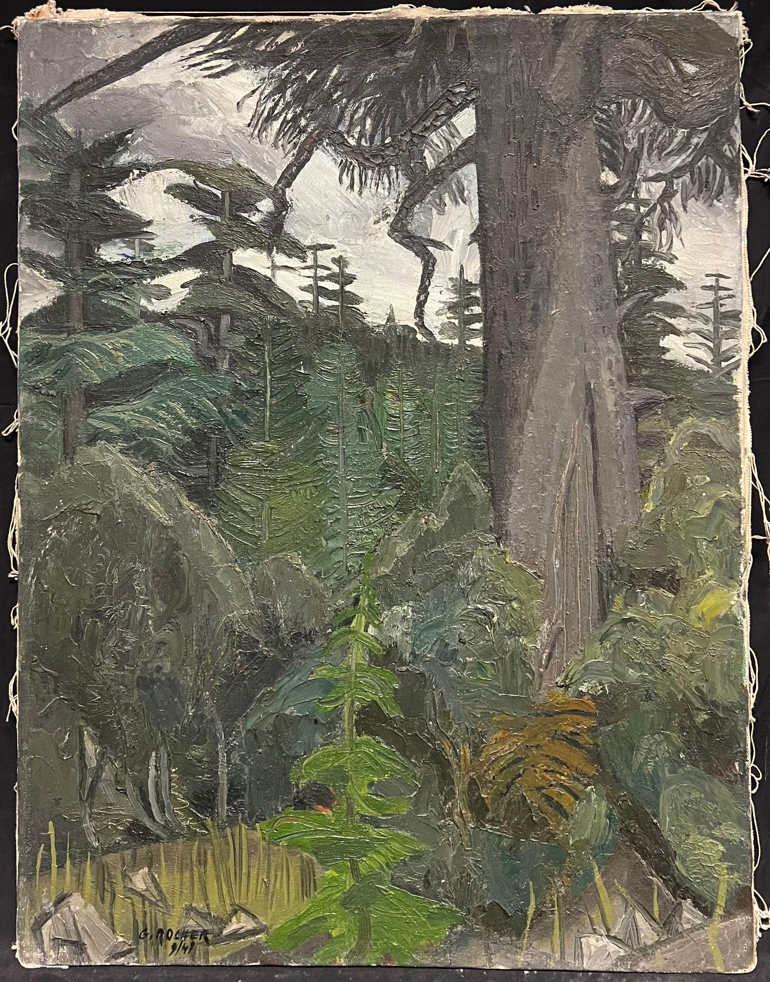 1940s French Moody Grey Green Forest Landscape French Expressionist Pintura al óleo - Painting de French School