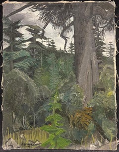 1940s French Moody Grey Green Forest Landscape French Expressionist Oil Painting