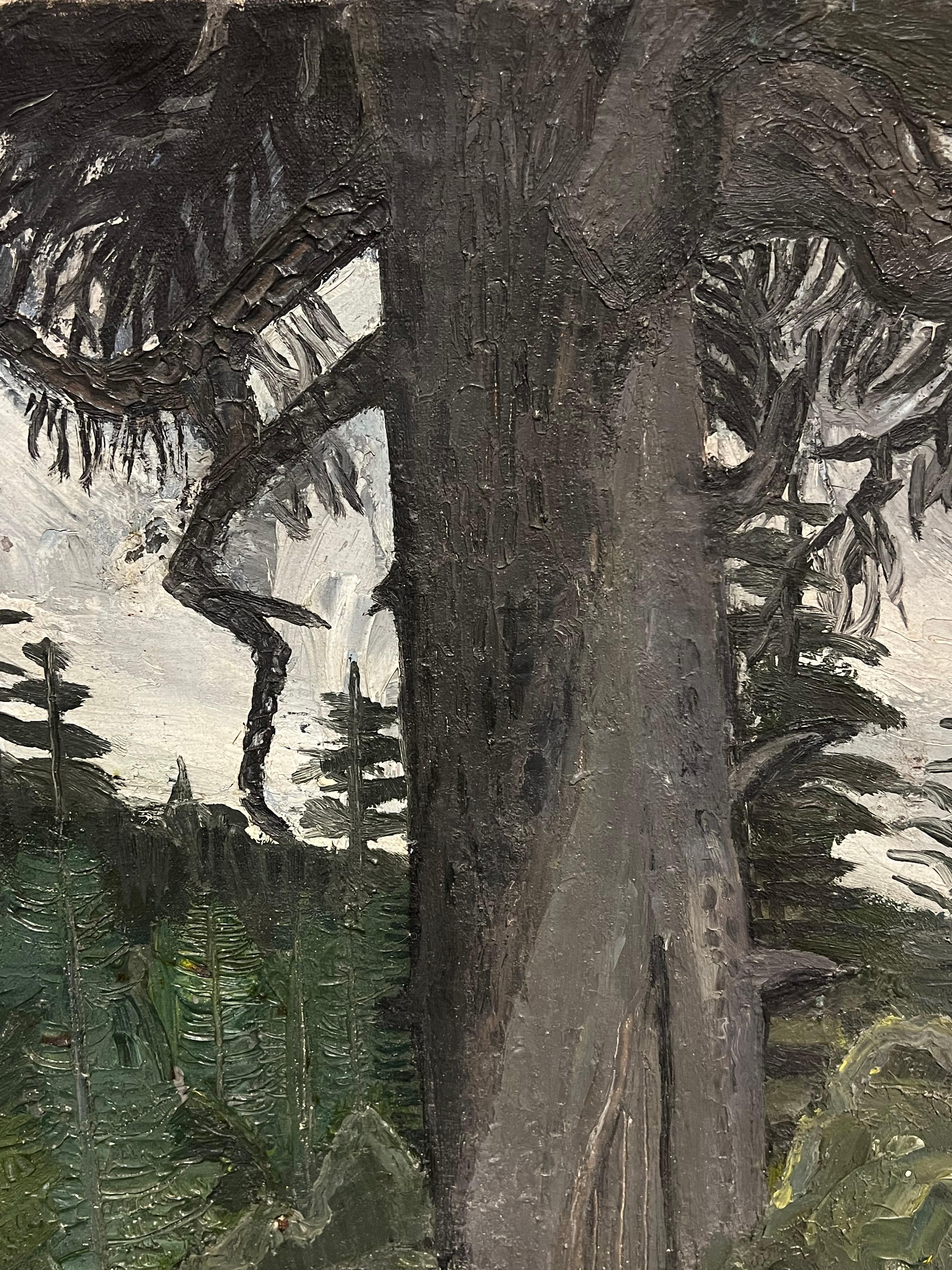 1940s French Moody Grey Green Forest Landscape French Expressionist Pintura al óleo - Painting Posimpresionista de French School