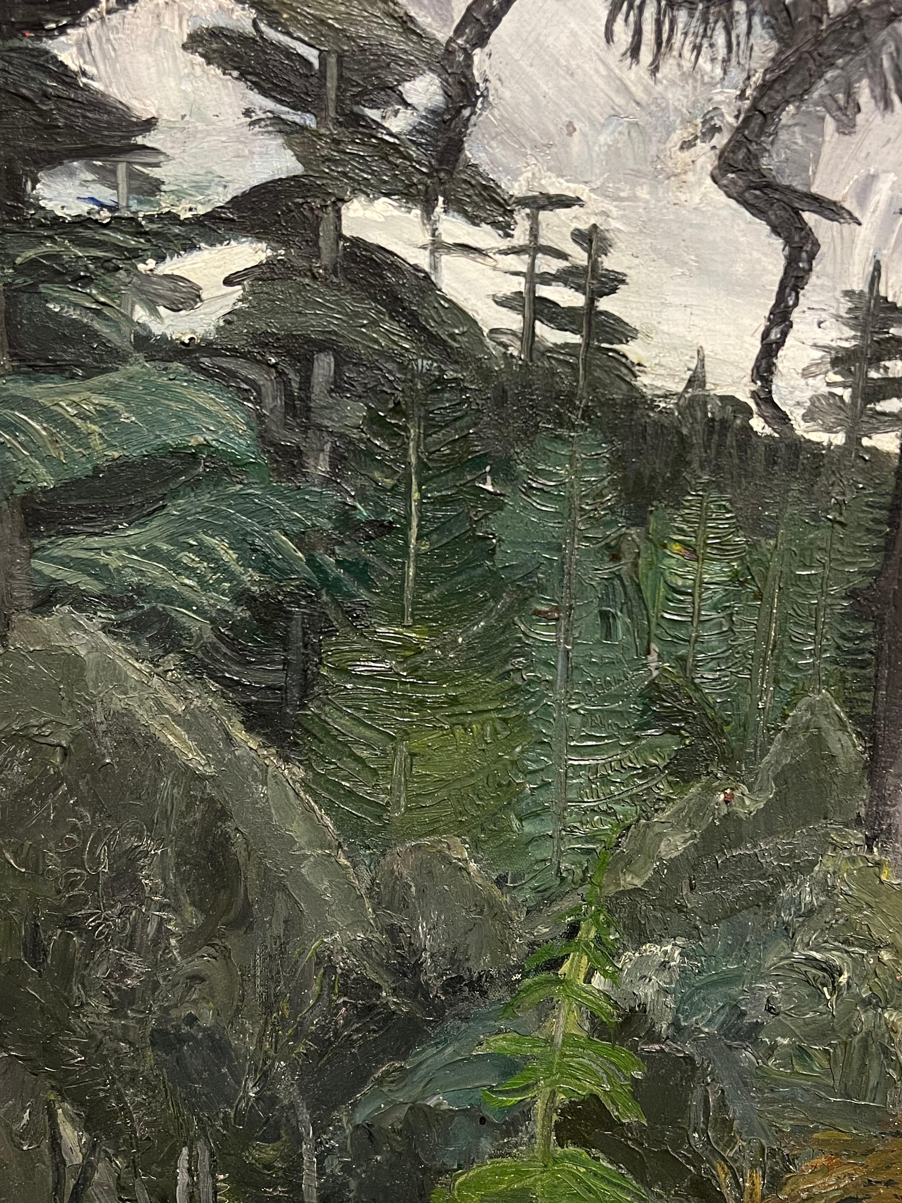 El bosque
Artista francés, firmado y fechado
¿con fecha de 1949?
óleo sobre lienzo, sin enmarcar
Lienzo : 25,5 x 20 pulgadas
Procedencia: colección privada, Francia
Estado: buen estado general

Descripción:
Este cautivador óleo  sumerge al