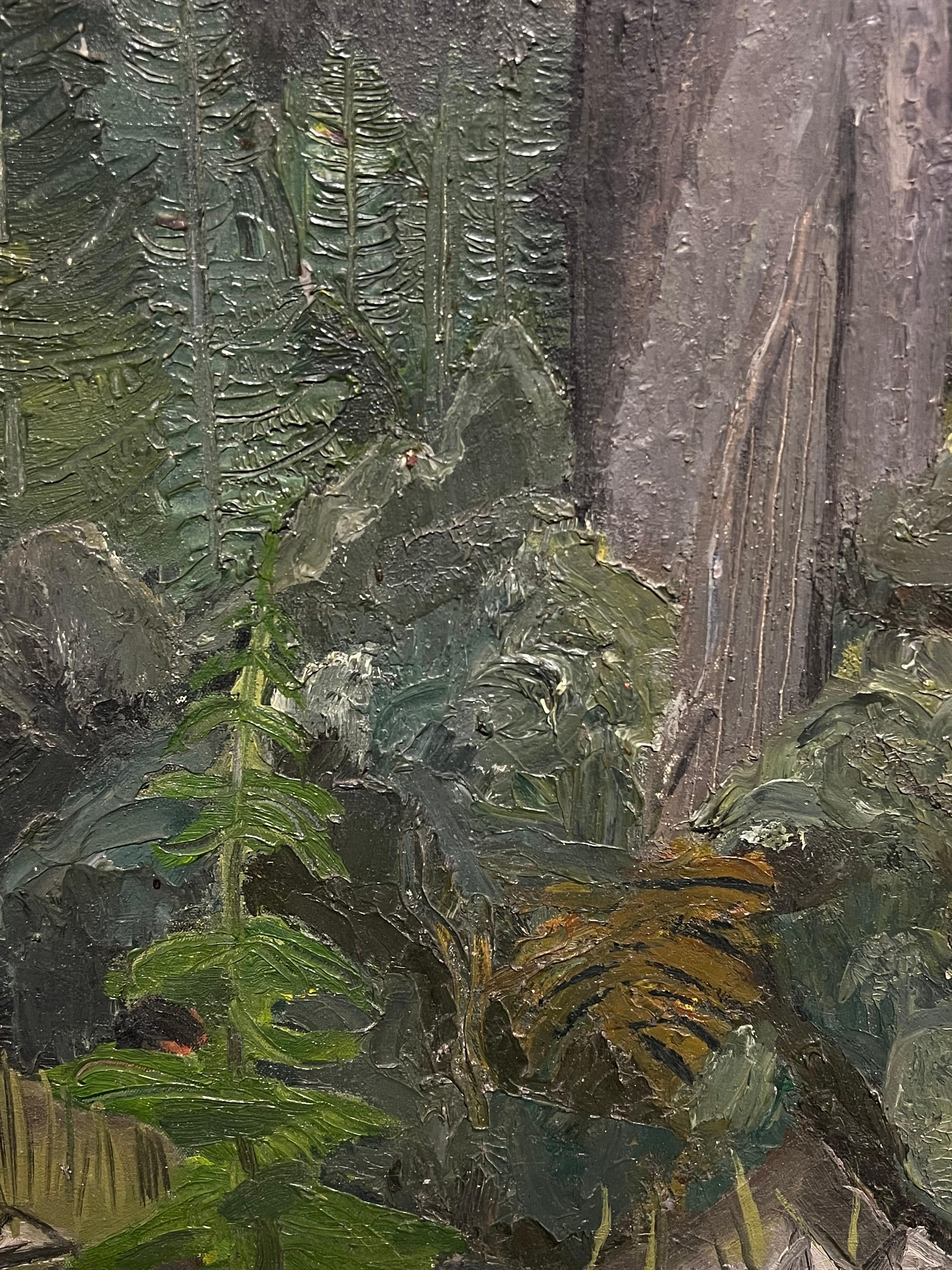 1940s French Moody Grey Green Forest Landscape French Expressionist Pintura al óleo en venta 1