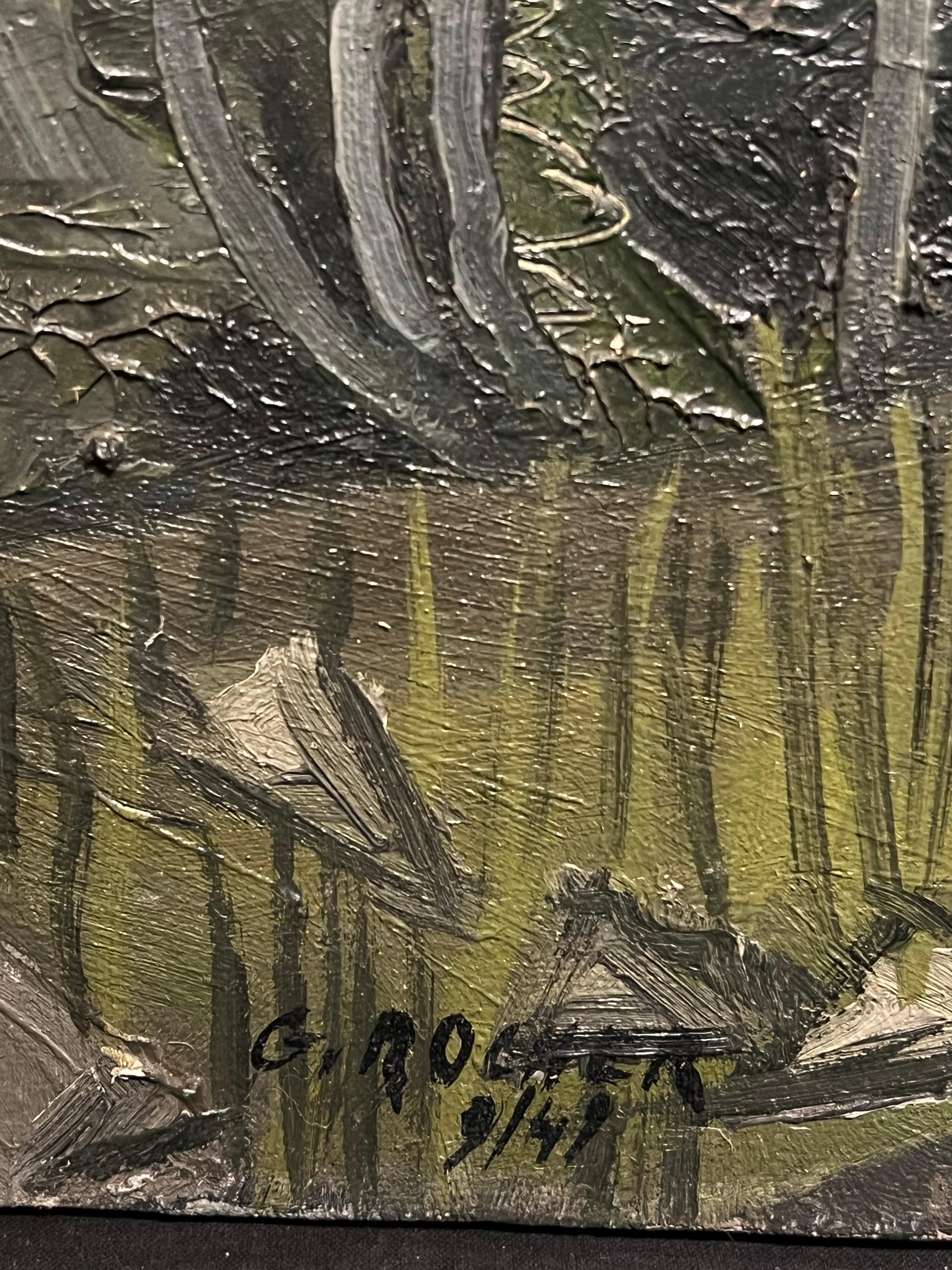1940s French Moody Grey Green Forest Landscape French Expressionist Pintura al óleo en venta 2