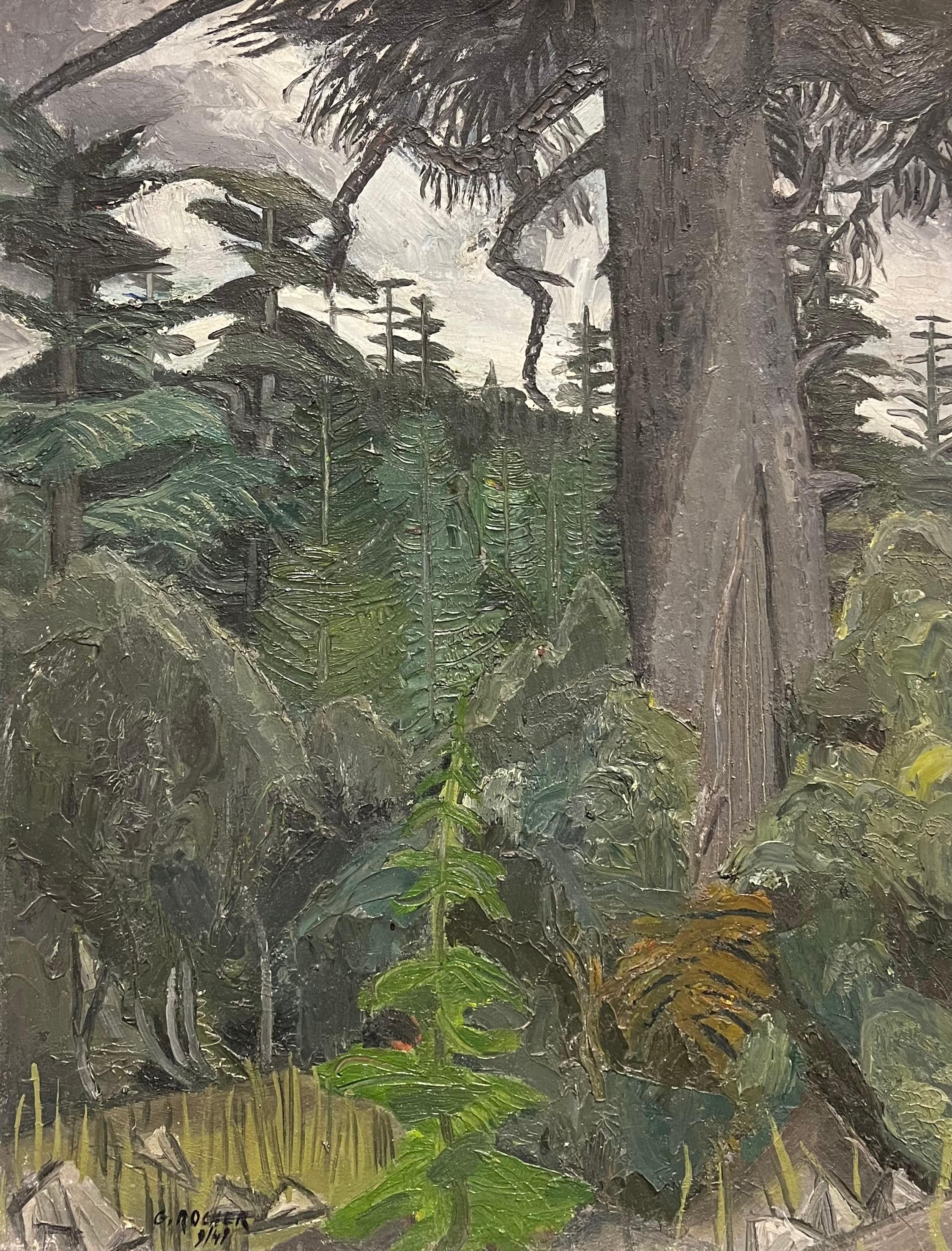 Landscape Painting de French School - 1940s French Moody Grey Green Forest Landscape French Expressionist Pintura al óleo