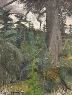 1940s French Moody Grey Green Forest Landscape French Expressionist Oil Painting