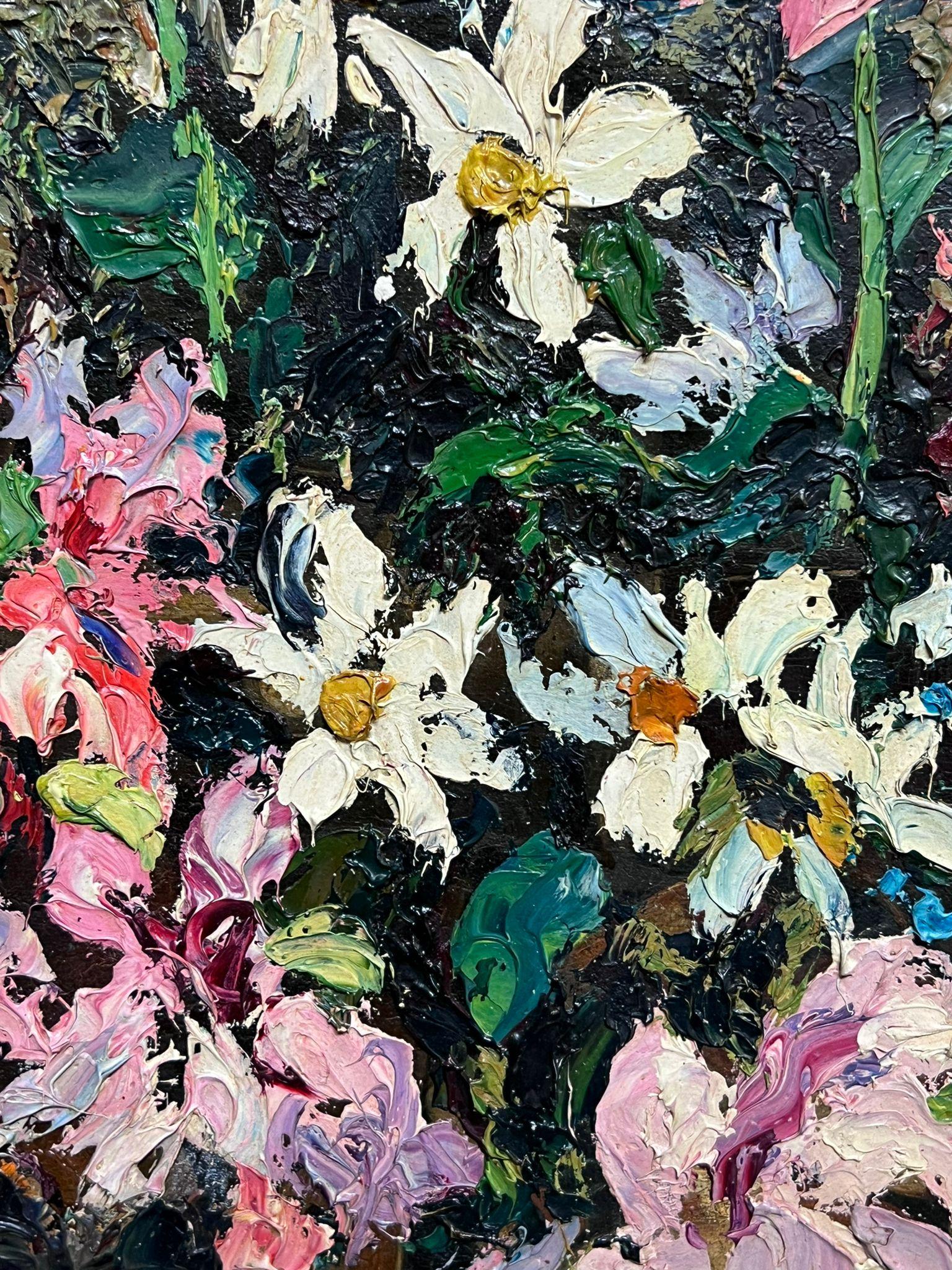 Olio firmato da un post impressionista francese degli anni '40 Fiori rosa impastati molto spessi in vendita 5